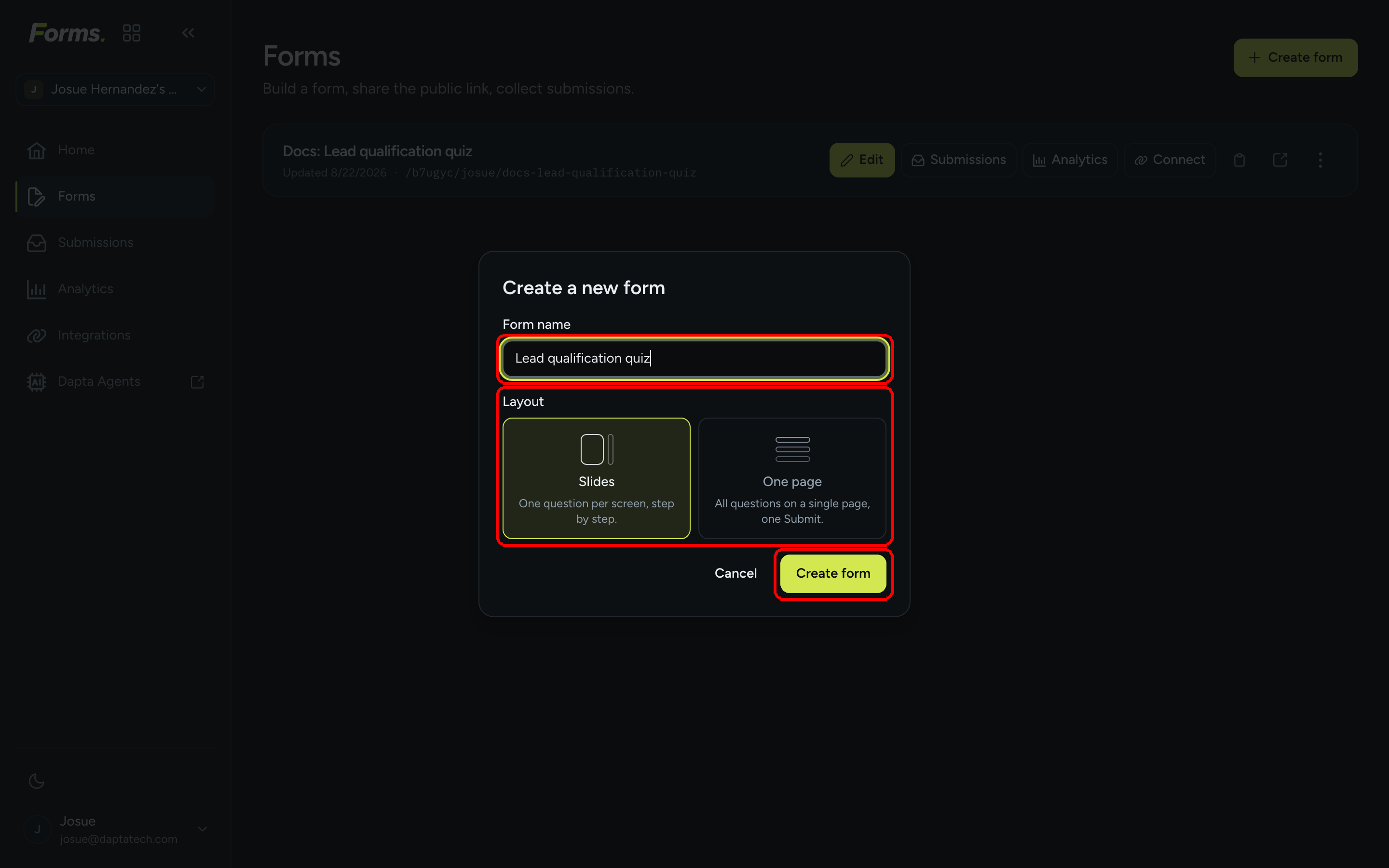 Create a new form dialog with a form name and the Slides layout selected