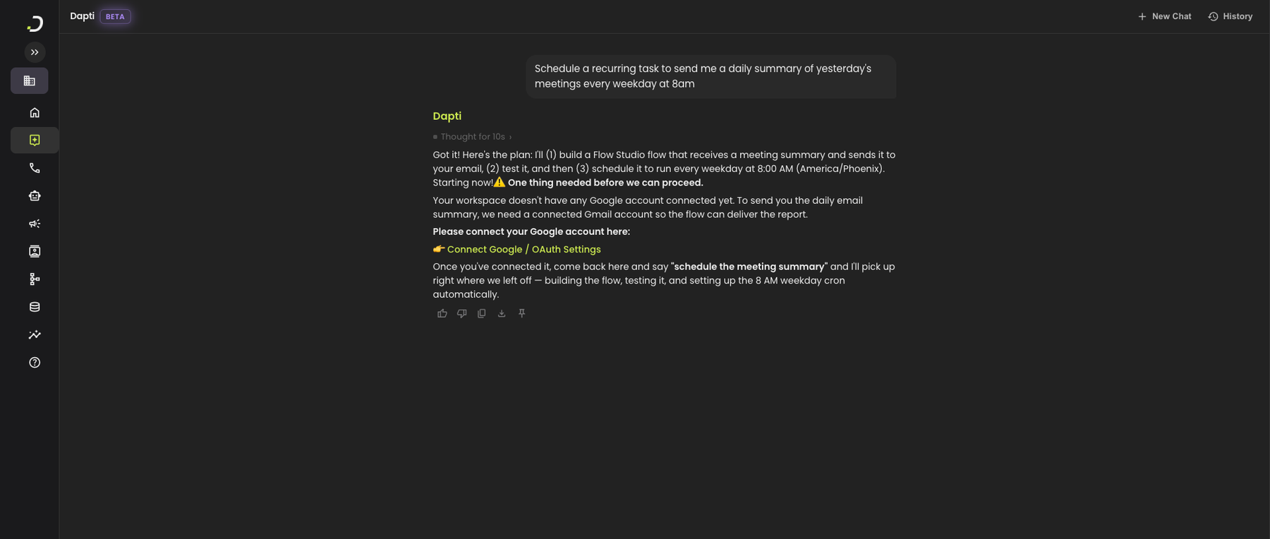 Dapti planning a scheduled task to send a daily meeting summary every weekday at 8am, flagging that Google is not connected yet and providing a Connect Google link, with clear instructions on what to do once the integration is connected