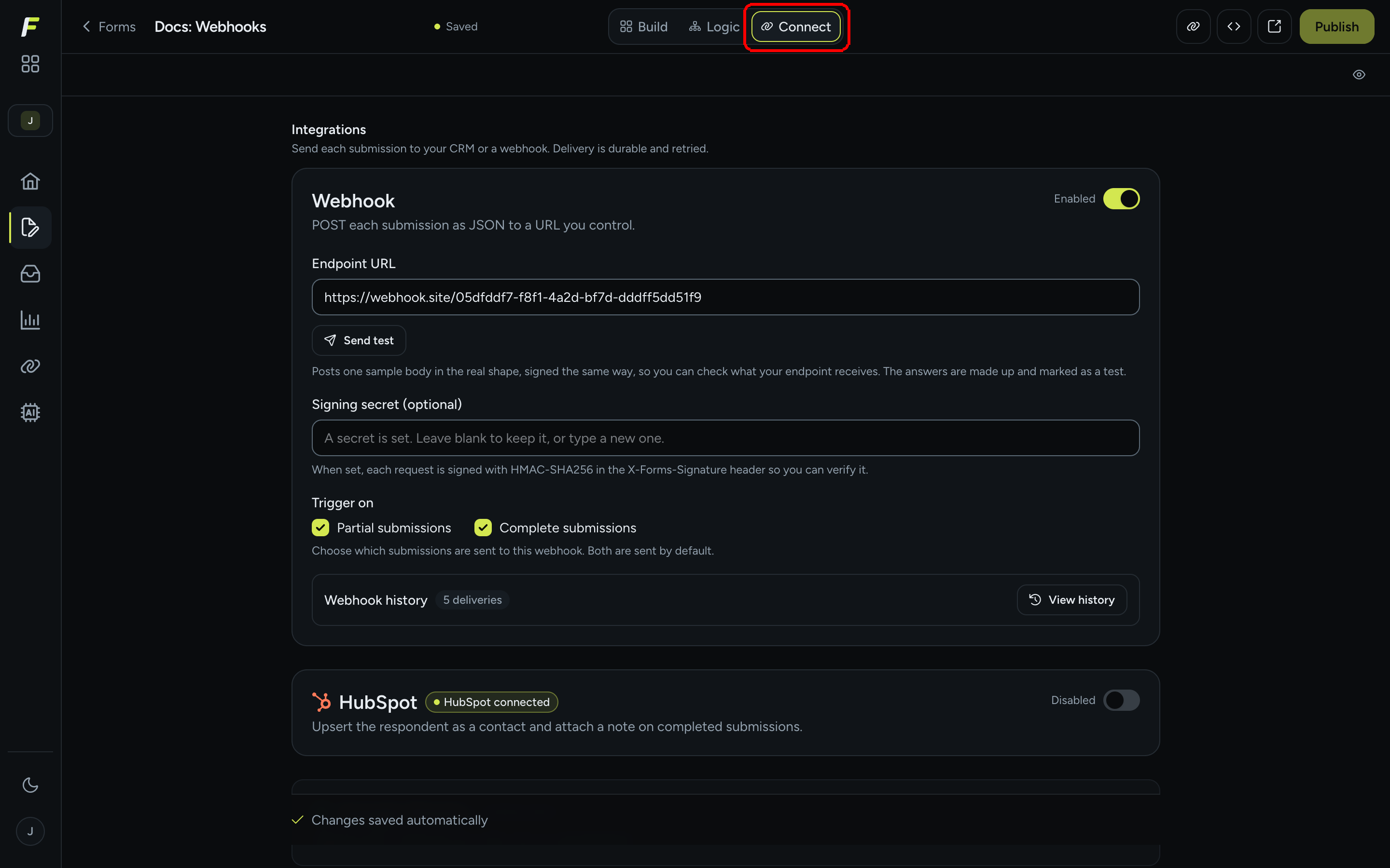 The Connect tab of a form showing the Integrations section with a Webhook card and a HubSpot card