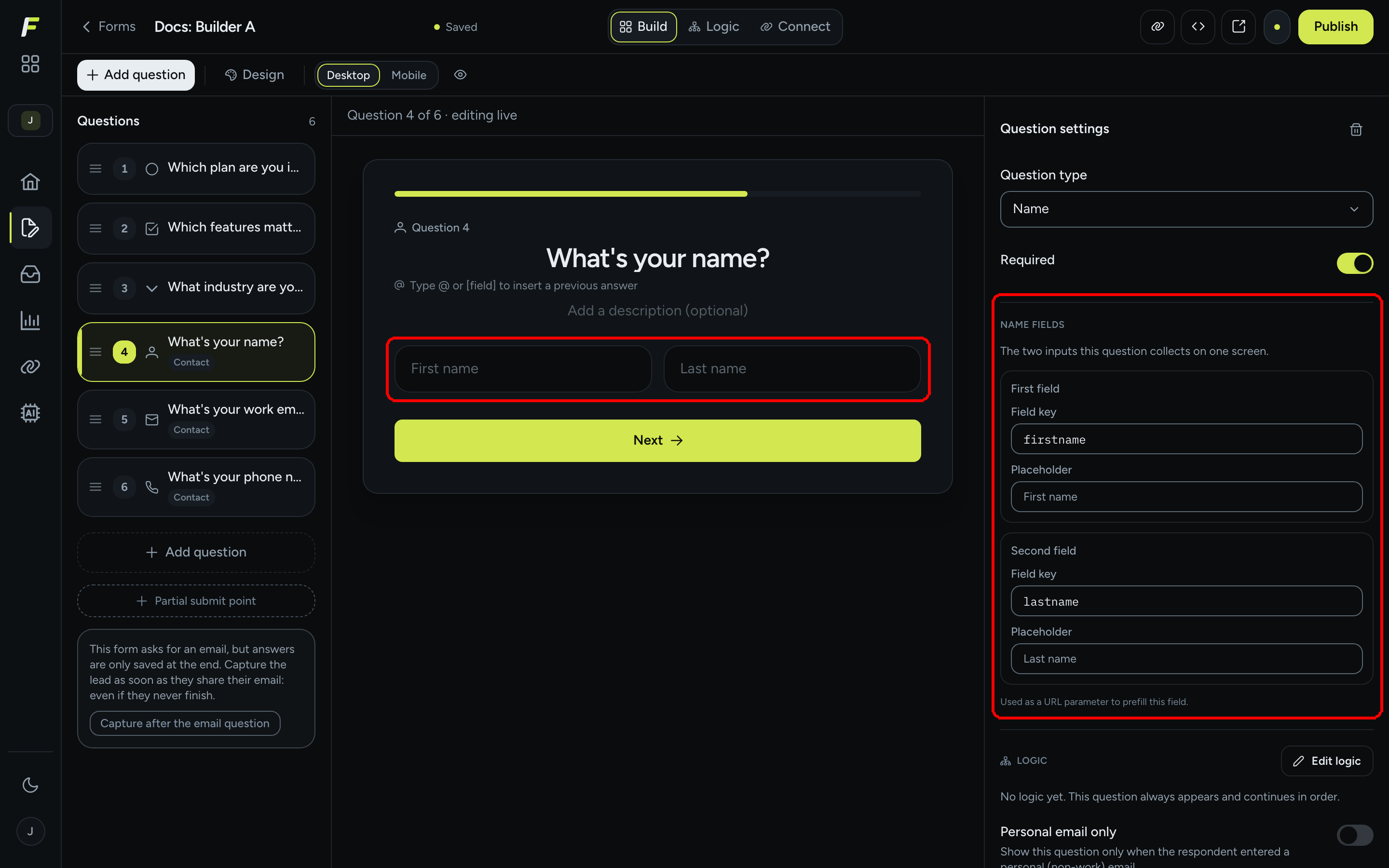 A Name question on the canvas with First name and Last name inputs, and the Name fields section in Question settings