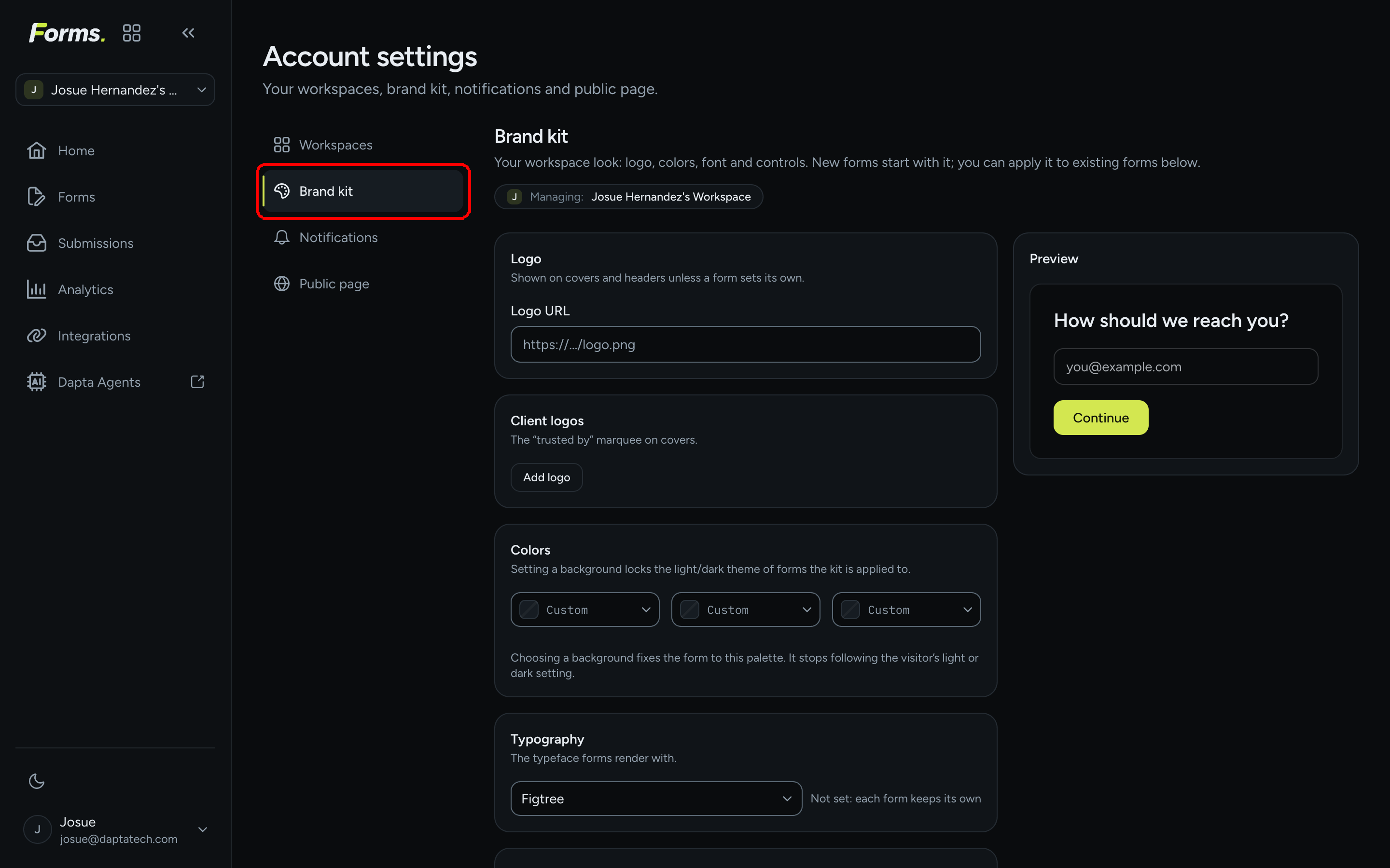 The Brand kit page under Account settings: sub-navigation with Workspaces, Brand kit, Notifications and Public page; sections for Logo, Client logos, Colors and Typography; and a Preview card on the right