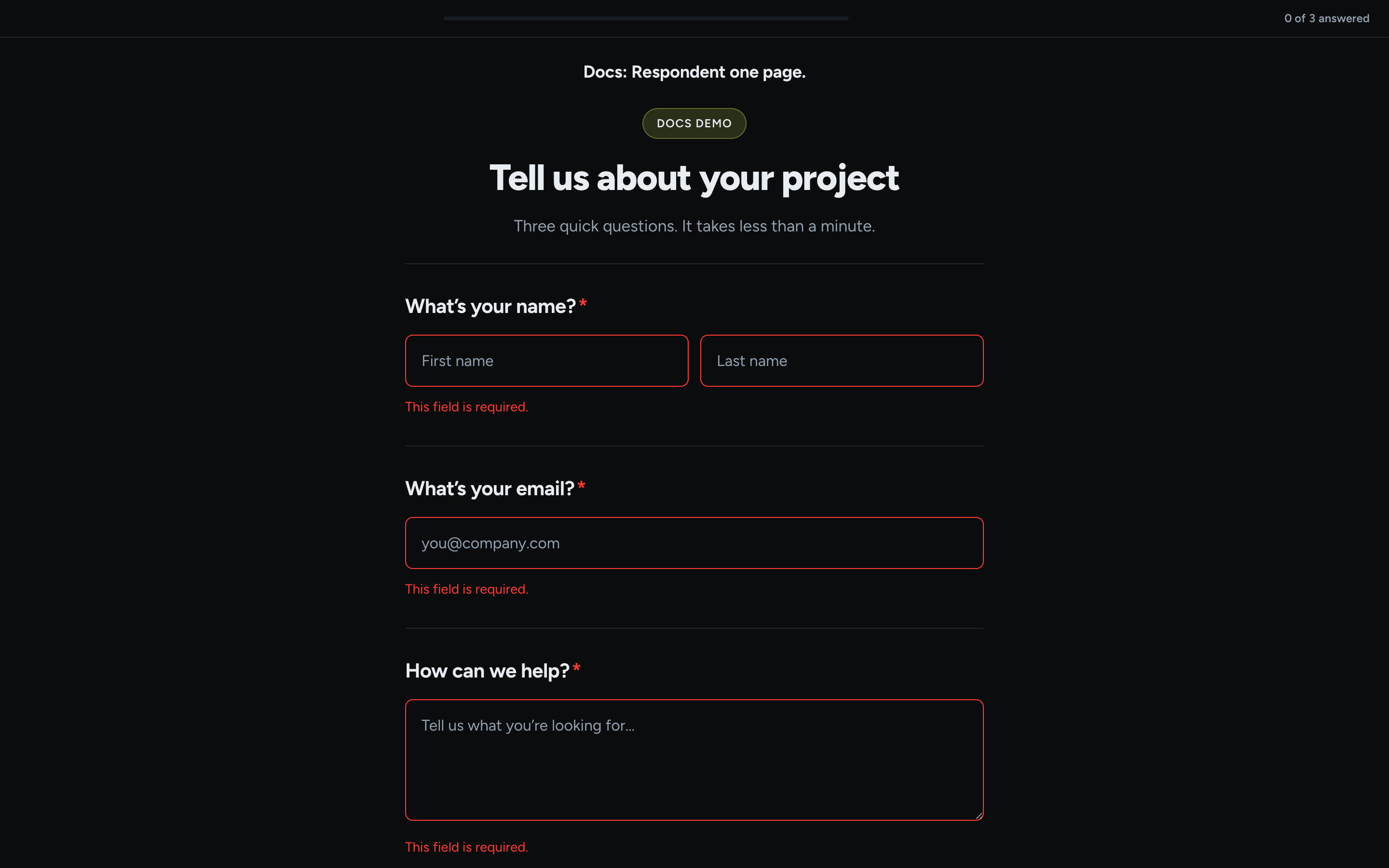 A one page form after clicking Submit with nothing filled in, every required question outlined in red with This field is required