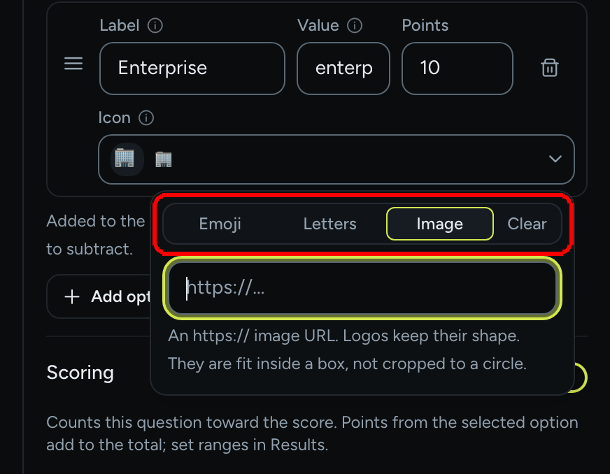 The icon picker in Cards layout with the Image tab selected and the https:// URL field