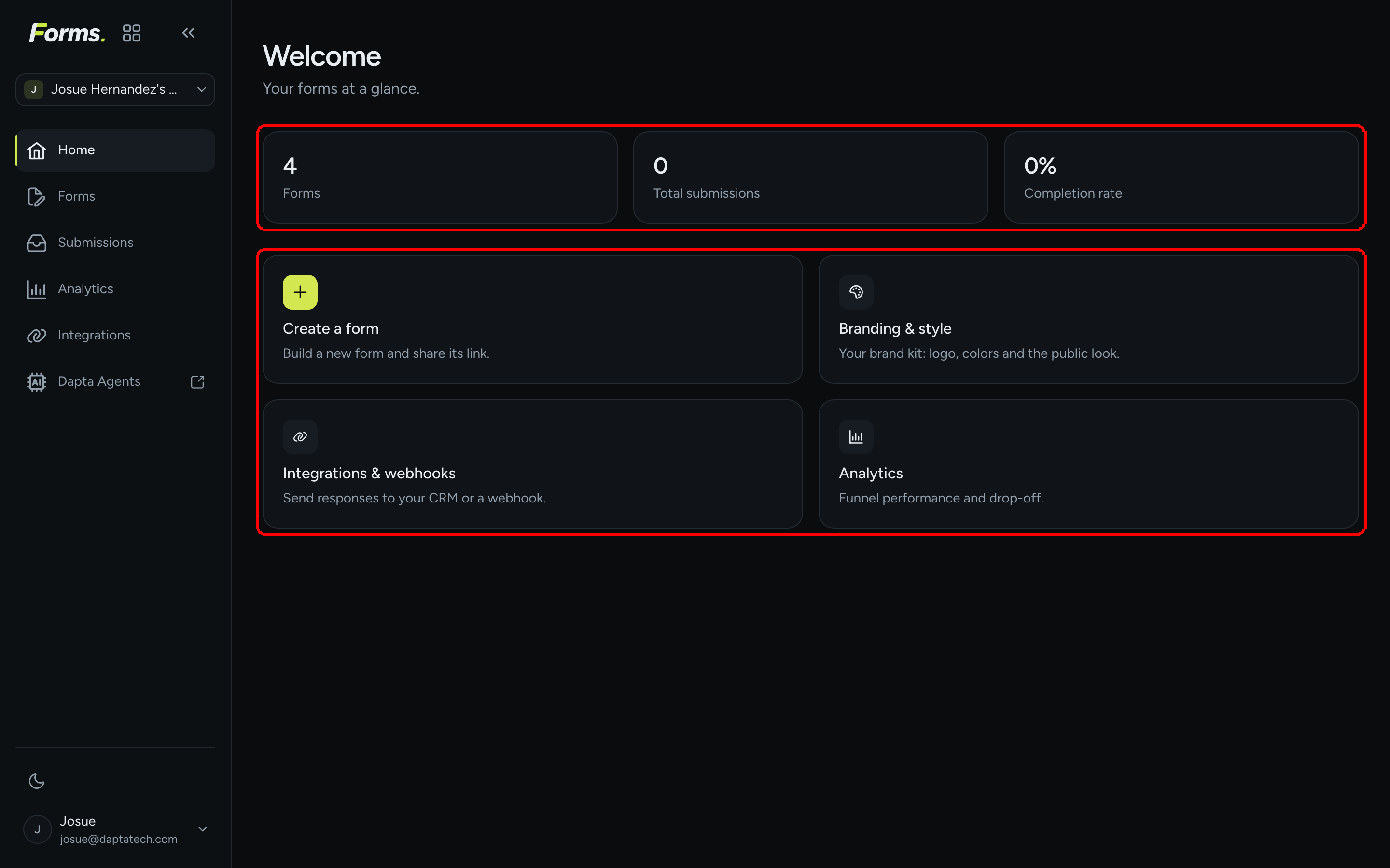 The Home screen with the three stat tiles Forms, Total submissions and Completion rate and the four shortcut cards highlighted