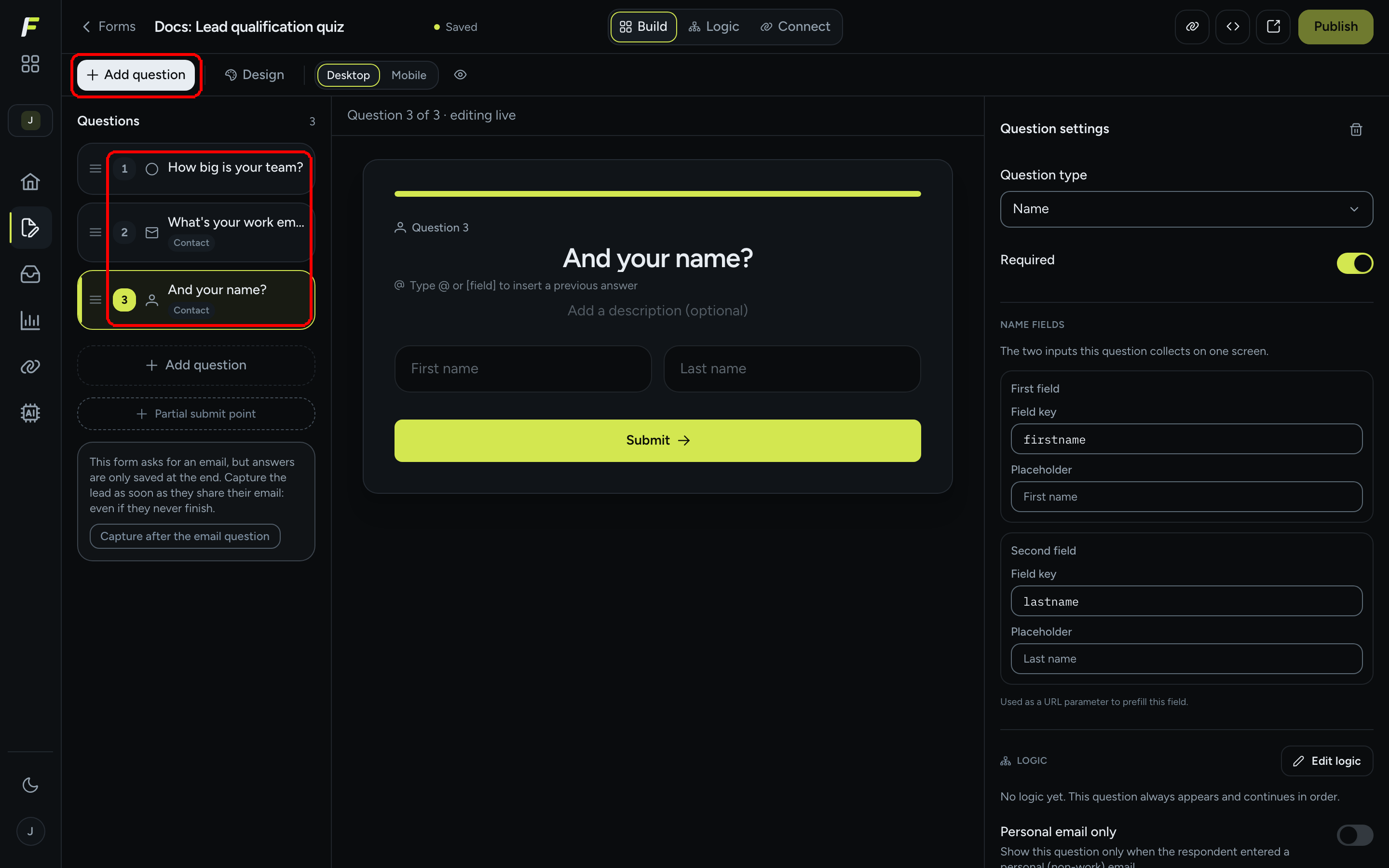The editor showing three questions in the list: a single choice, an email and a name question
