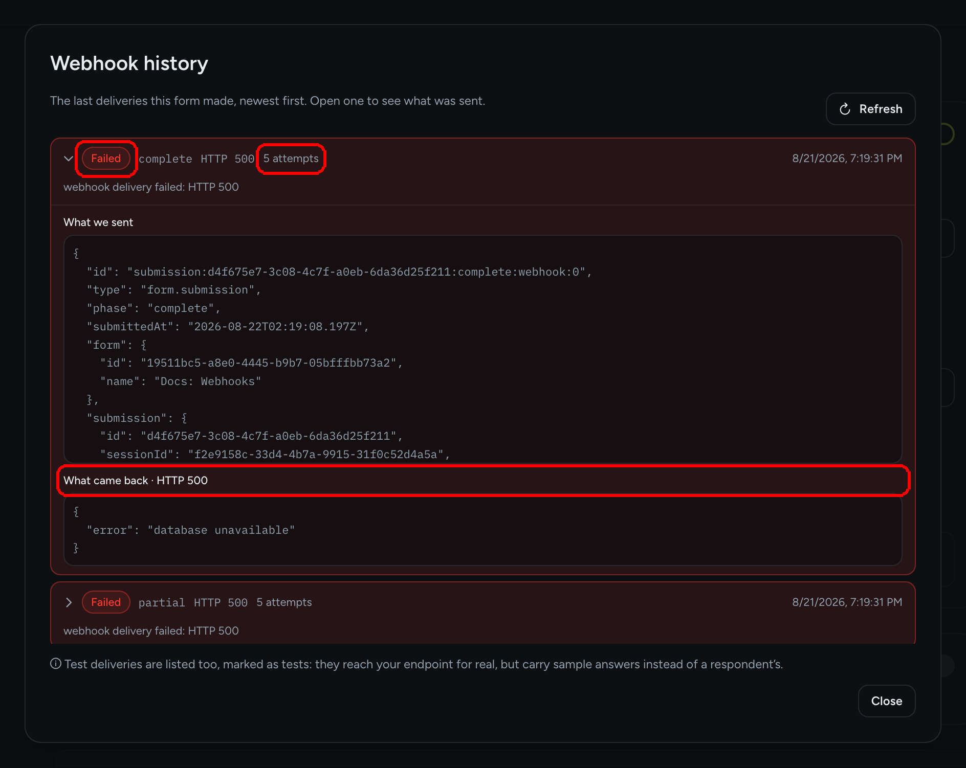 The Webhook history dialog with a Failed row expanded, showing 5 attempts, the JSON body under What we sent and the endpoint response under What came back