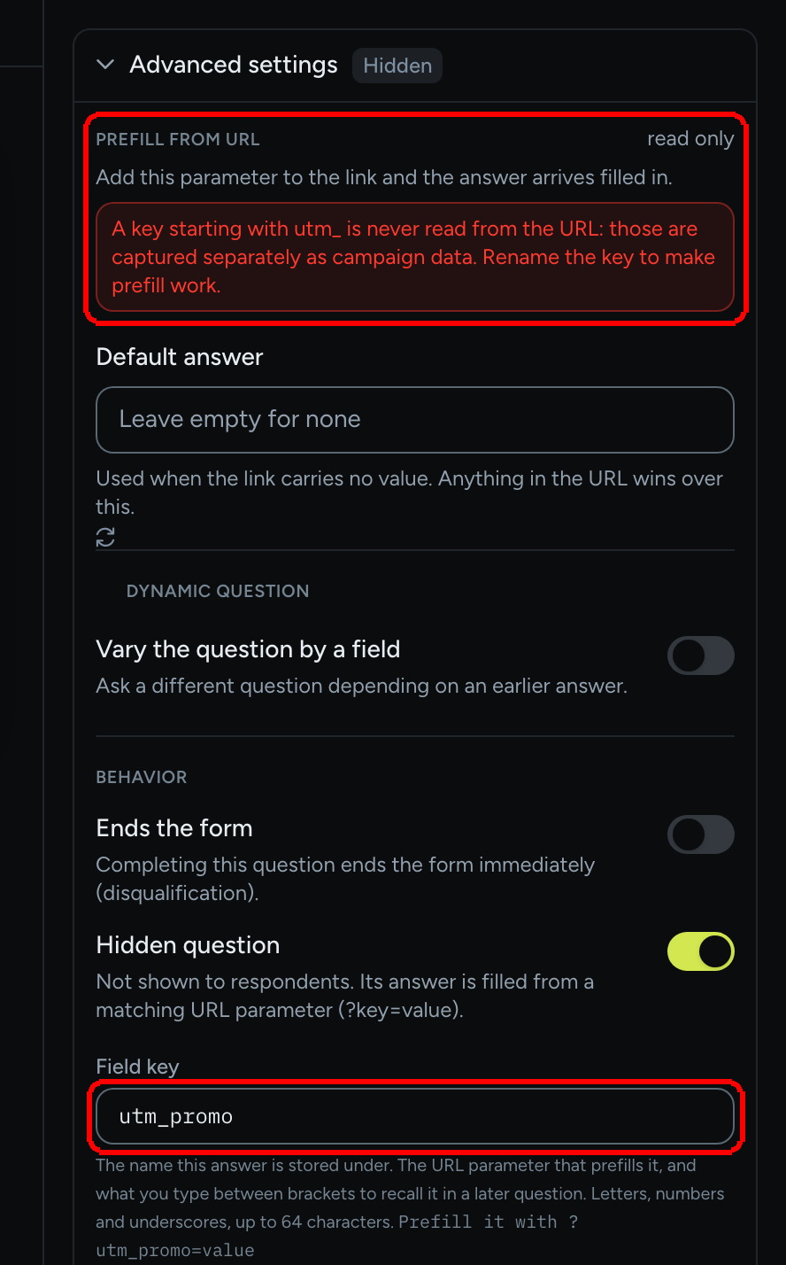 Advanced settings with the field key utm_promo and the red warning that a key starting with utm_ is never read from the URL