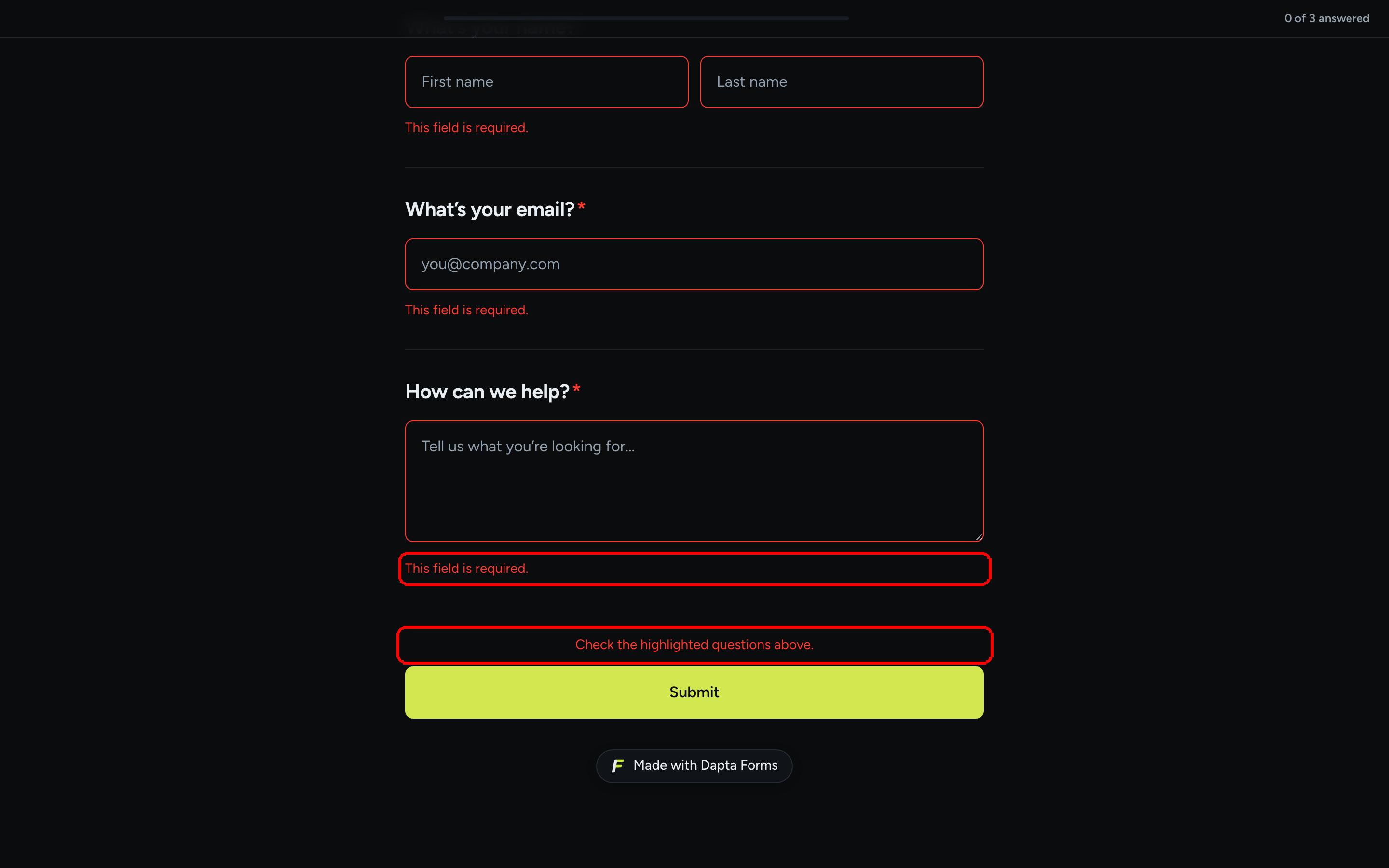 A one-page form after pressing Submit with empty fields: each field shows This field is required and a summary reads Check the highlighted questions above