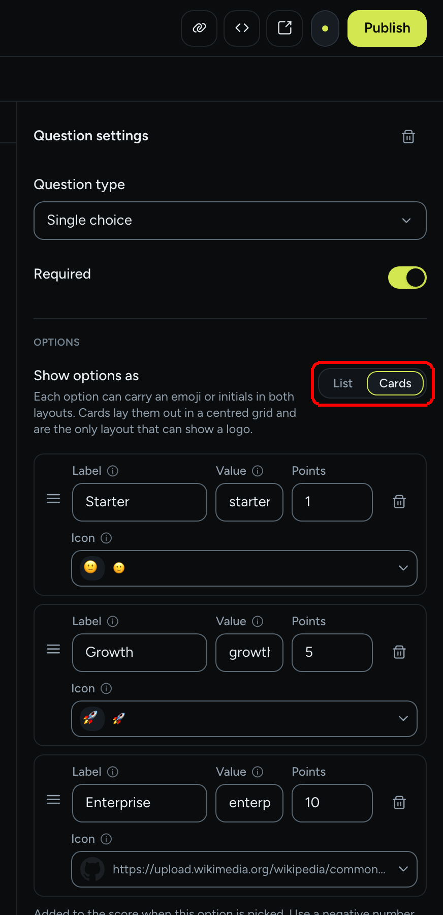 The Options section of Question settings with the Show options as control and three option rows, each with Label, Value, Points and Icon