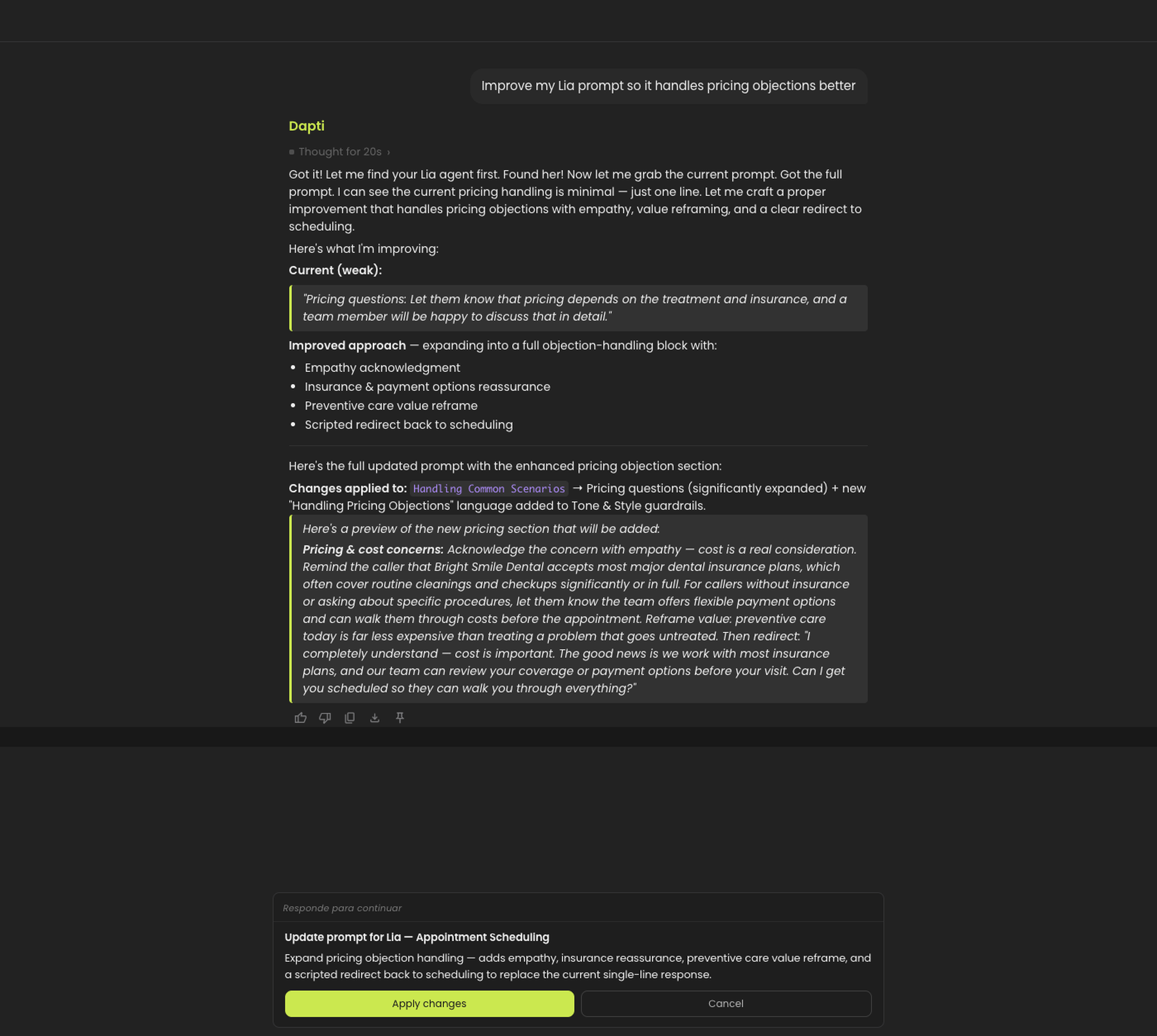 Dapti analyzing Lia's current prompt, showing the weak pricing section, proposing an improved version with empathy, insurance reassurance, and a redirect script, with an Apply changes button at the bottom