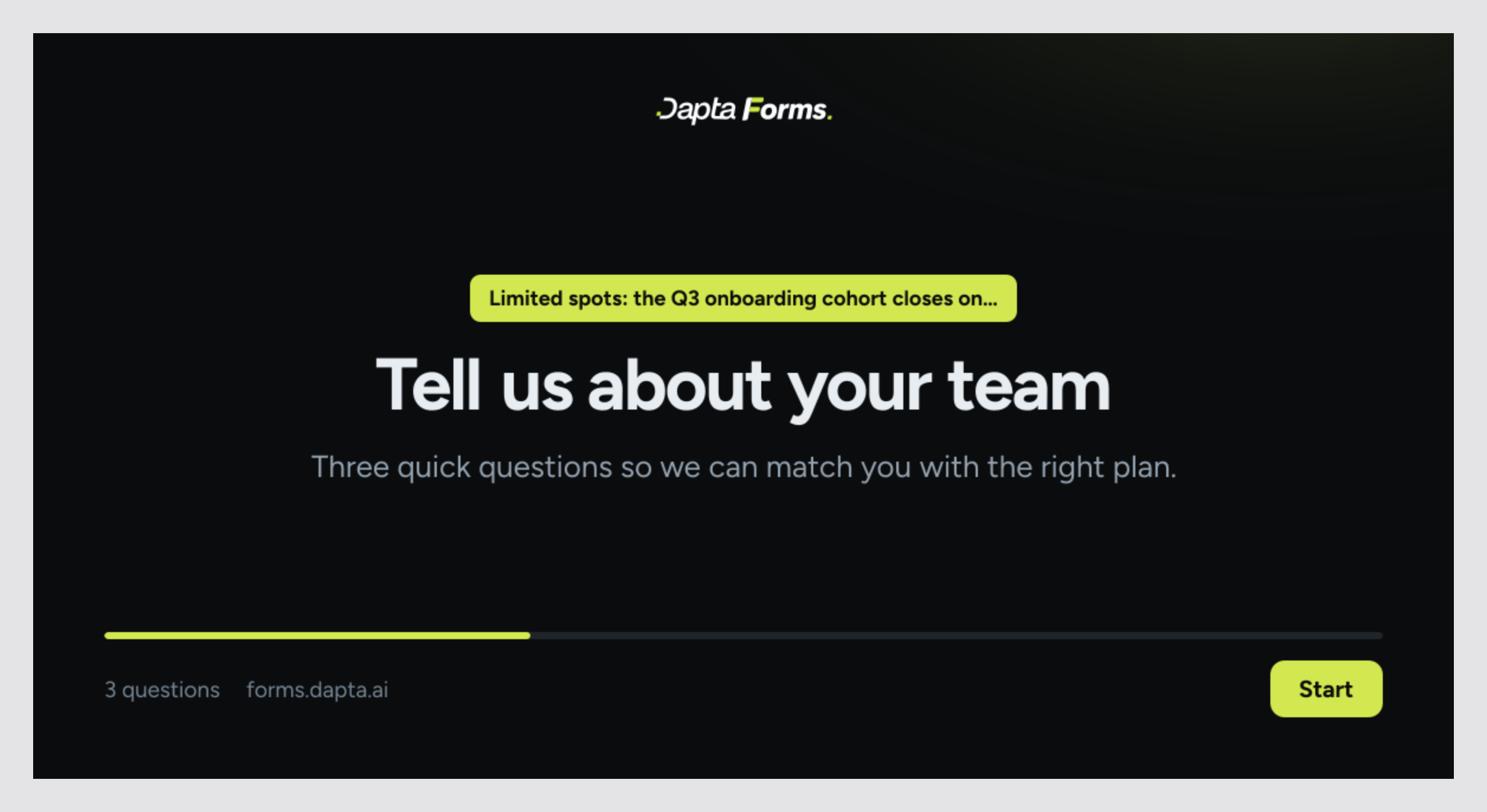 The generated 1200 by 630 share card: dark background from the form theme, Dapta Forms mark, the banner text as a pill, the cover headline and subheadline, a progress bar, the question count, the host name and a Start button in the accent color