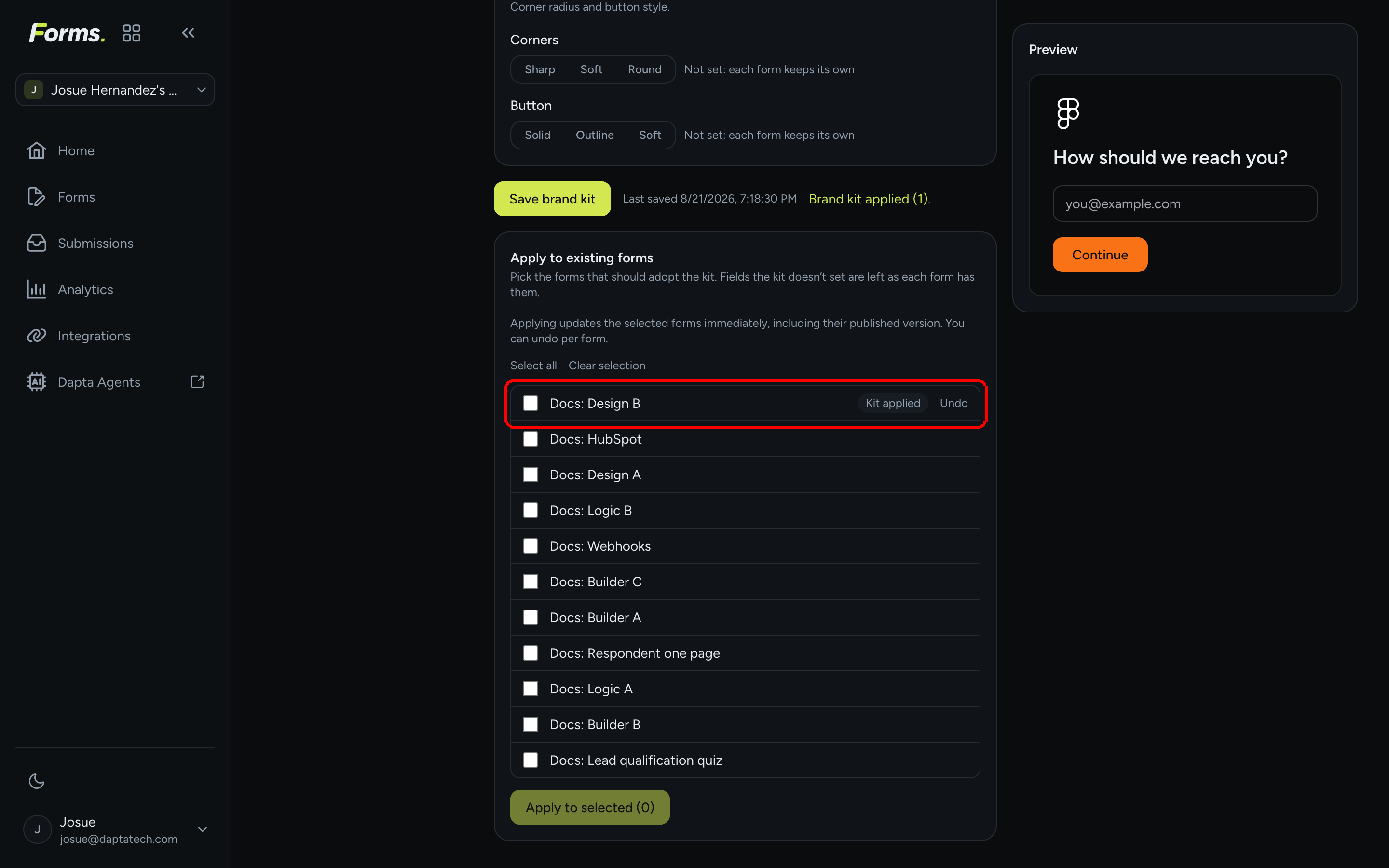 The form list after applying: Product fit quiz at the top with a Kit applied badge and an Undo link
