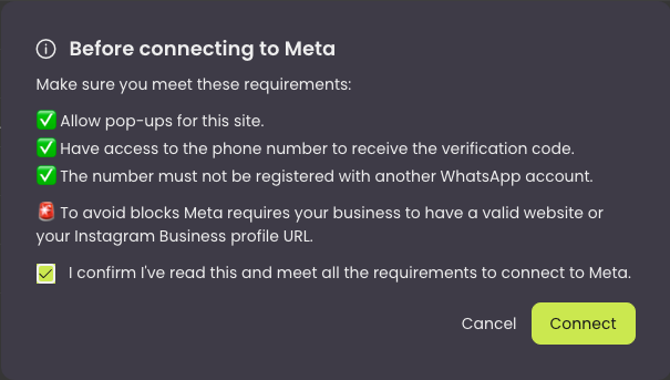 The Before connecting to Meta dialog with its requirements and the confirmation checkbox ticked