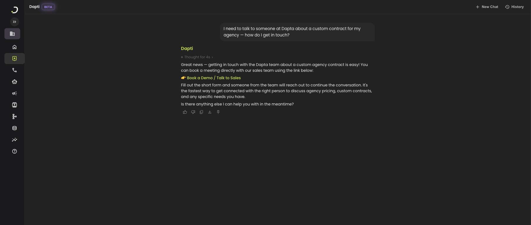 Dapti responding to a custom contract request with a link to book a meeting directly with the Dapta sales team, explaining it as the fastest way to connect with the right person for agency pricing and custom contracts