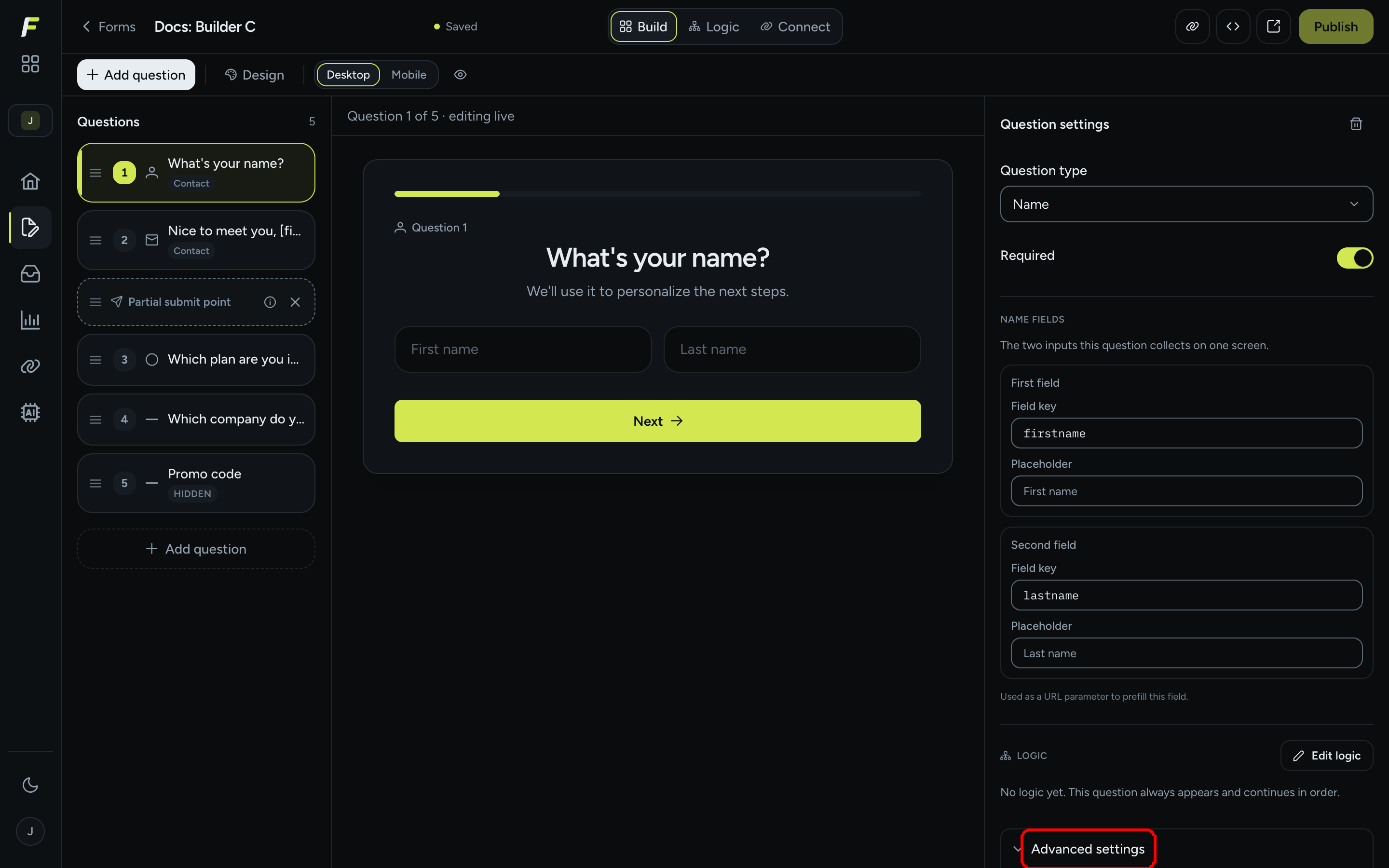 The Advanced settings section expanded in the Question settings pane