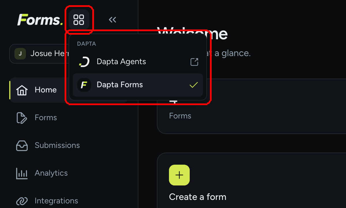 The app switcher open under the grid icon, listing Dapta Agents and Dapta Forms with a check mark on Dapta Forms