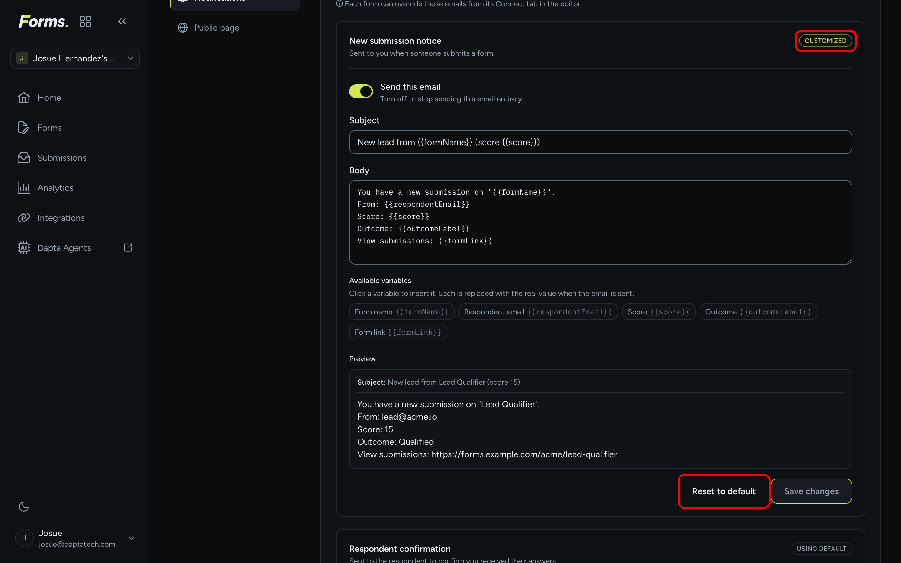 The New submission notice card with a rewritten subject, the Customized chip and the Reset to default button
