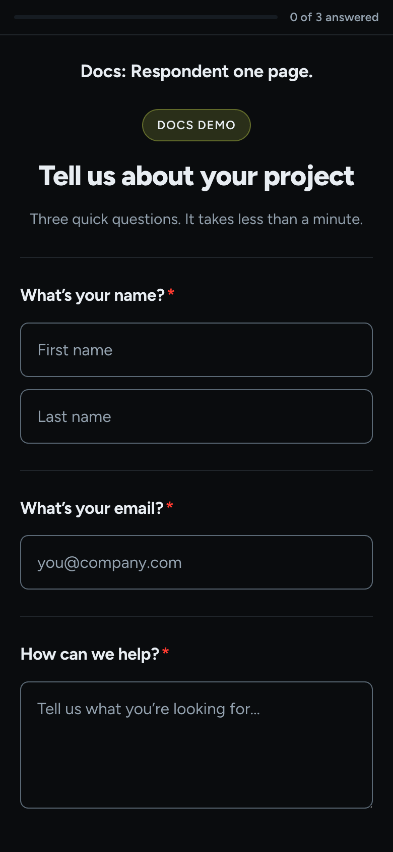 The one-page form on a phone screen with the cover header, the counter 0 of 3 answered and the first questions