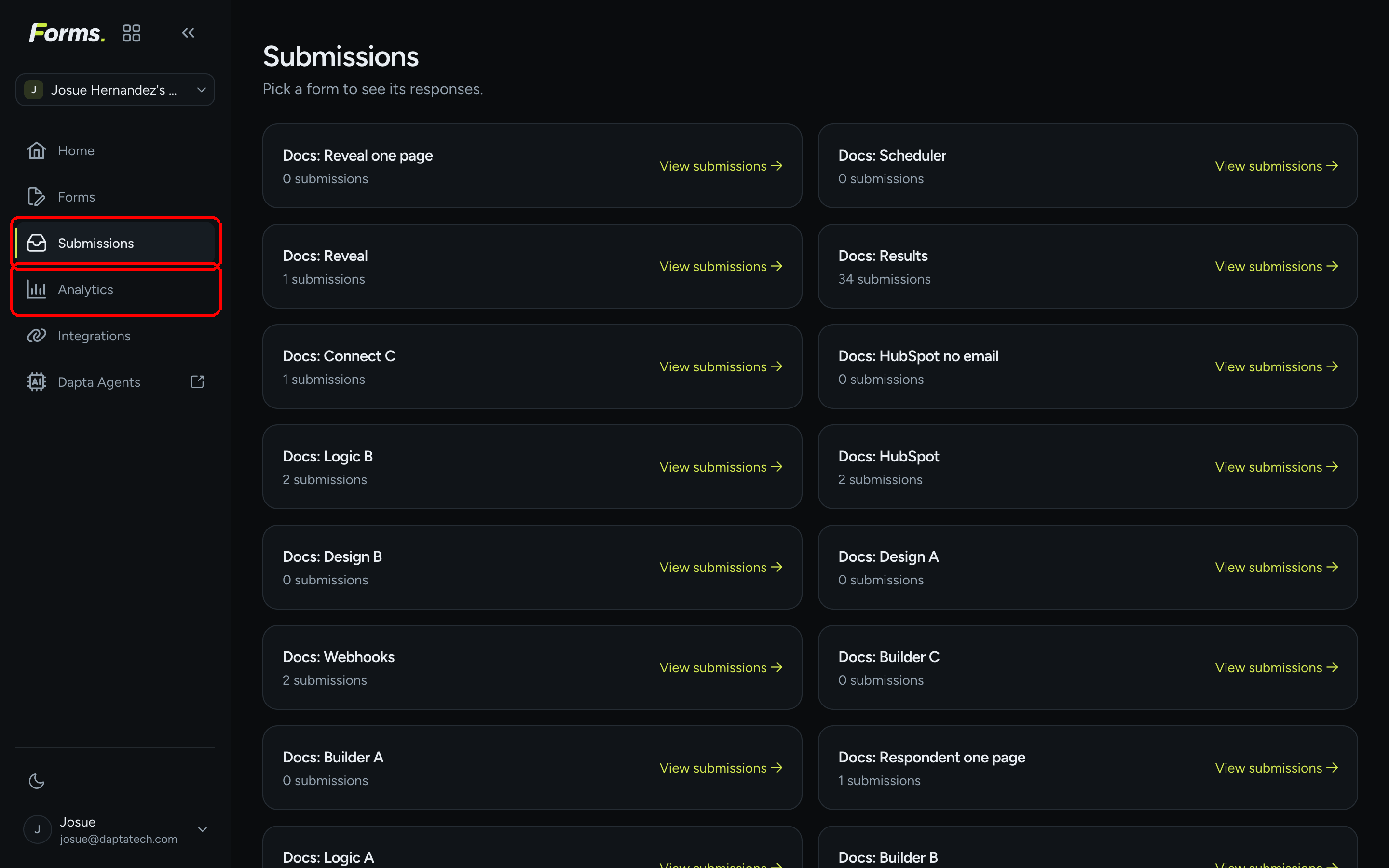 The Submissions picker listing every form in the workspace with a submission count on each card
