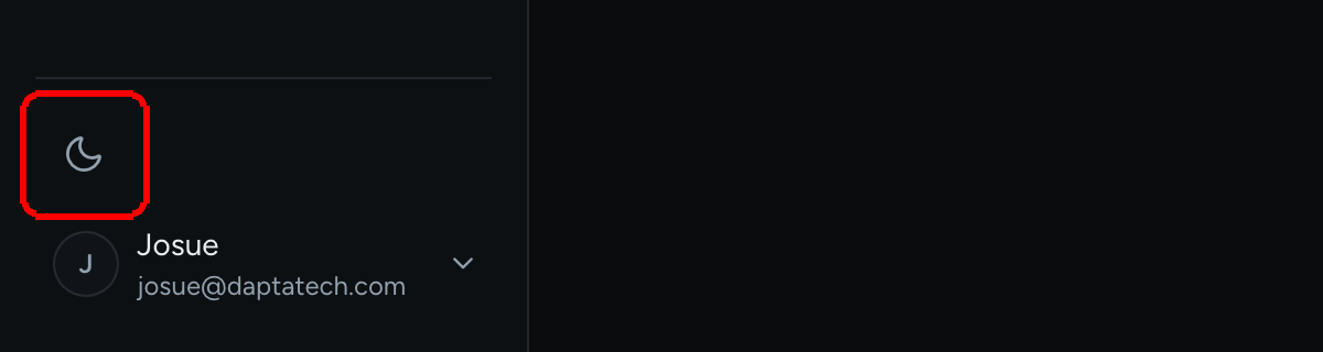 The bottom of the left menu with the moon-shaped theme toggle highlighted above the profile button