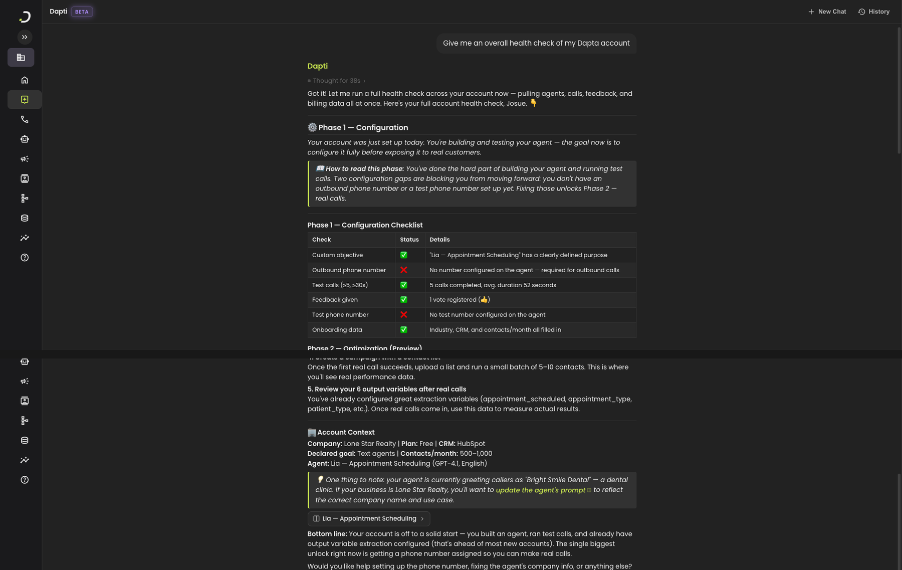 Dapti running a full account health check showing Phase 1 configuration checklist with status for objective, phone number, test calls, feedback, test phone, and onboarding data, plus Account Context, an inconsistency callout flagging that the agent's prompt references the wrong company, and a bottom-line summary