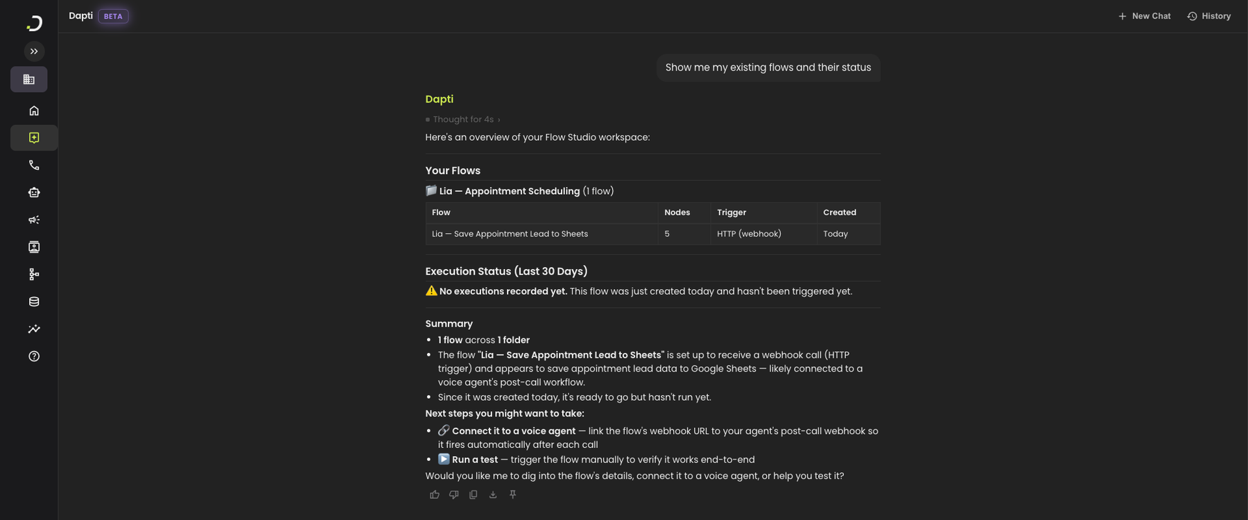 Dapti listing the flows in the workspace grouped by folder, with a table showing flow name, node count, trigger type, and creation date, plus an execution status section and a summary with suggested next steps