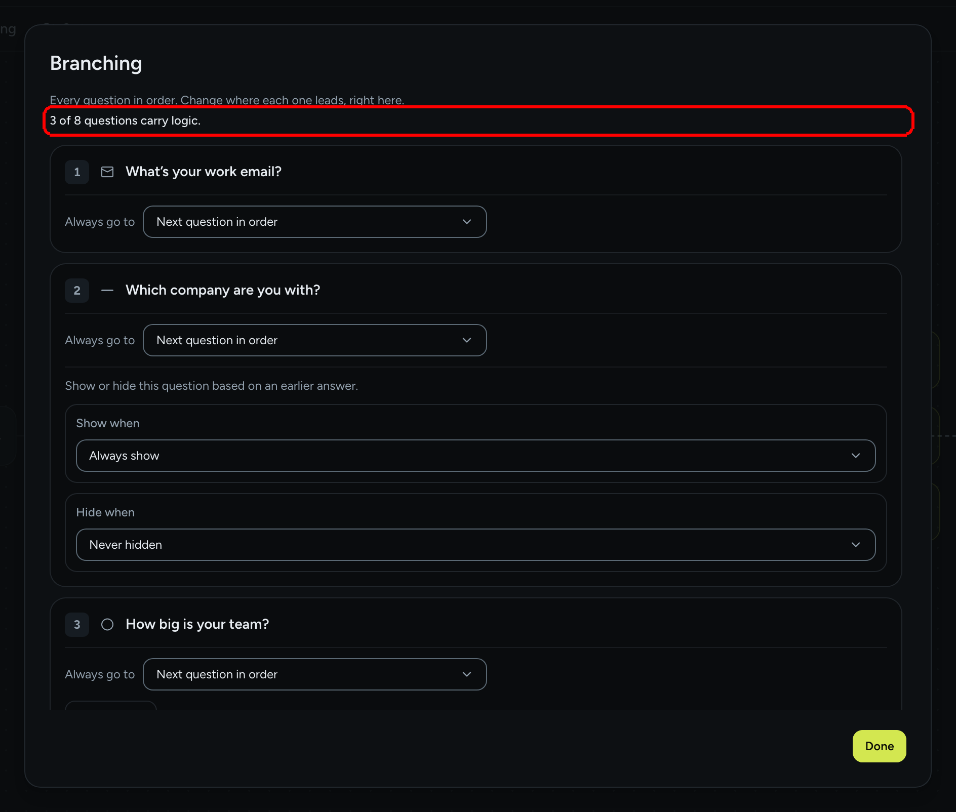 The form-wide Branching dialog listing every question with its Always go to control, and the summary line 3 of 8 questions carry logic highlighted