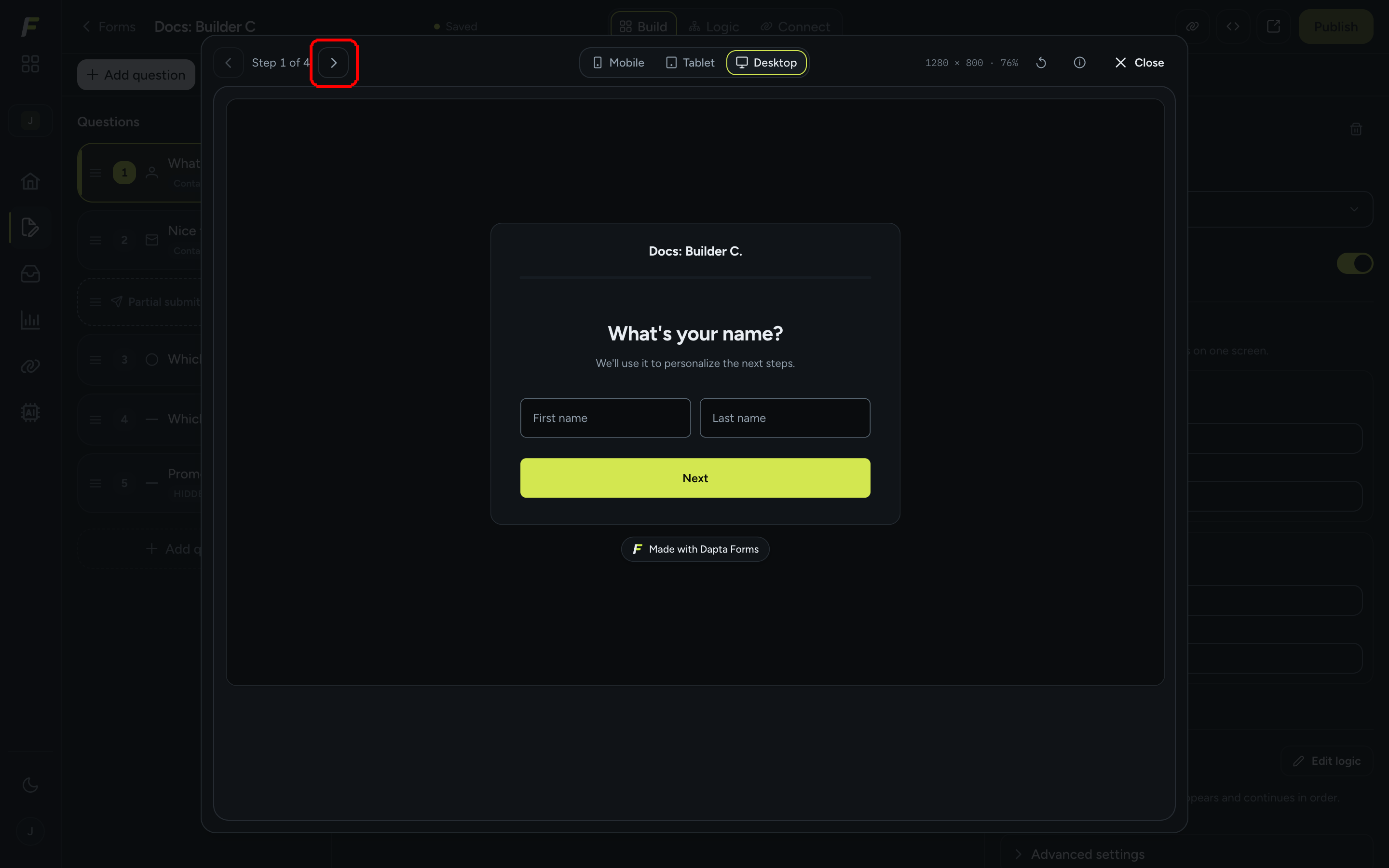 The preview modal on the Desktop frame with the Next screen arrow highlighted