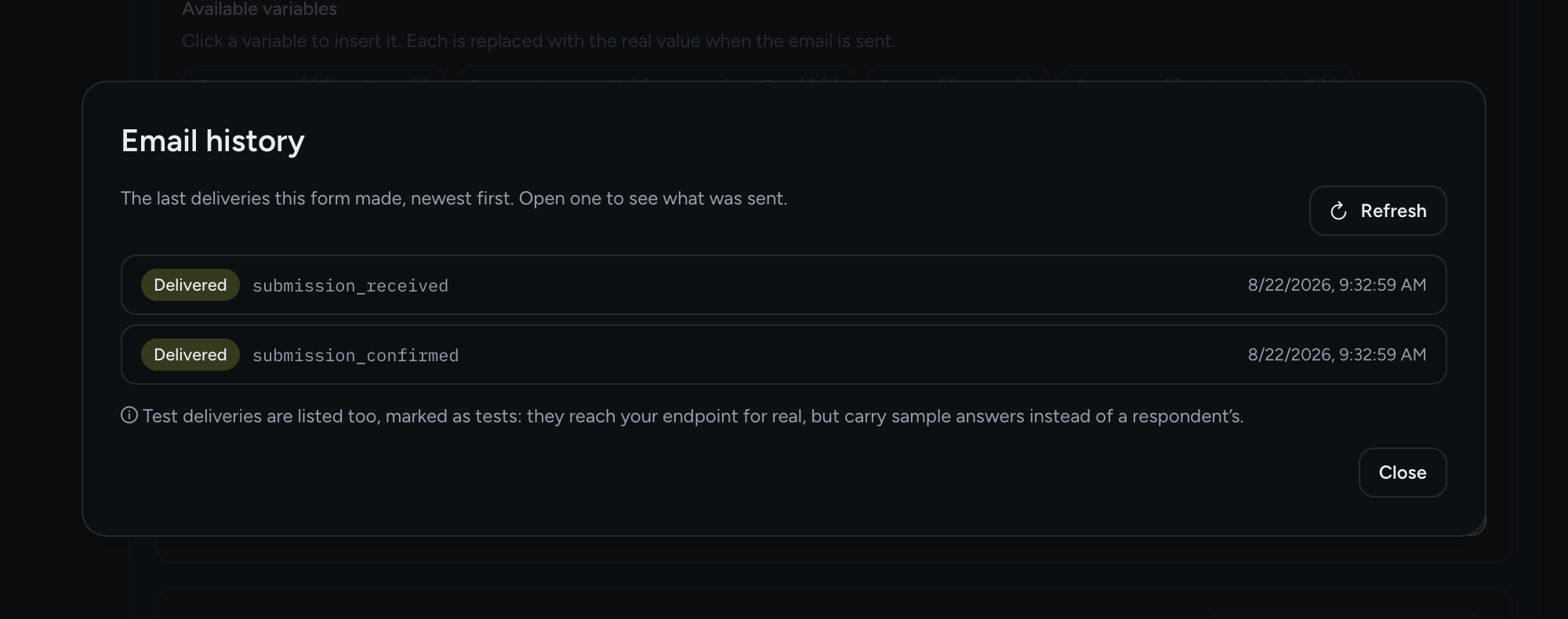 The Email history dialog listing two Delivered rows, submission_received and submission_confirmed, with timestamps