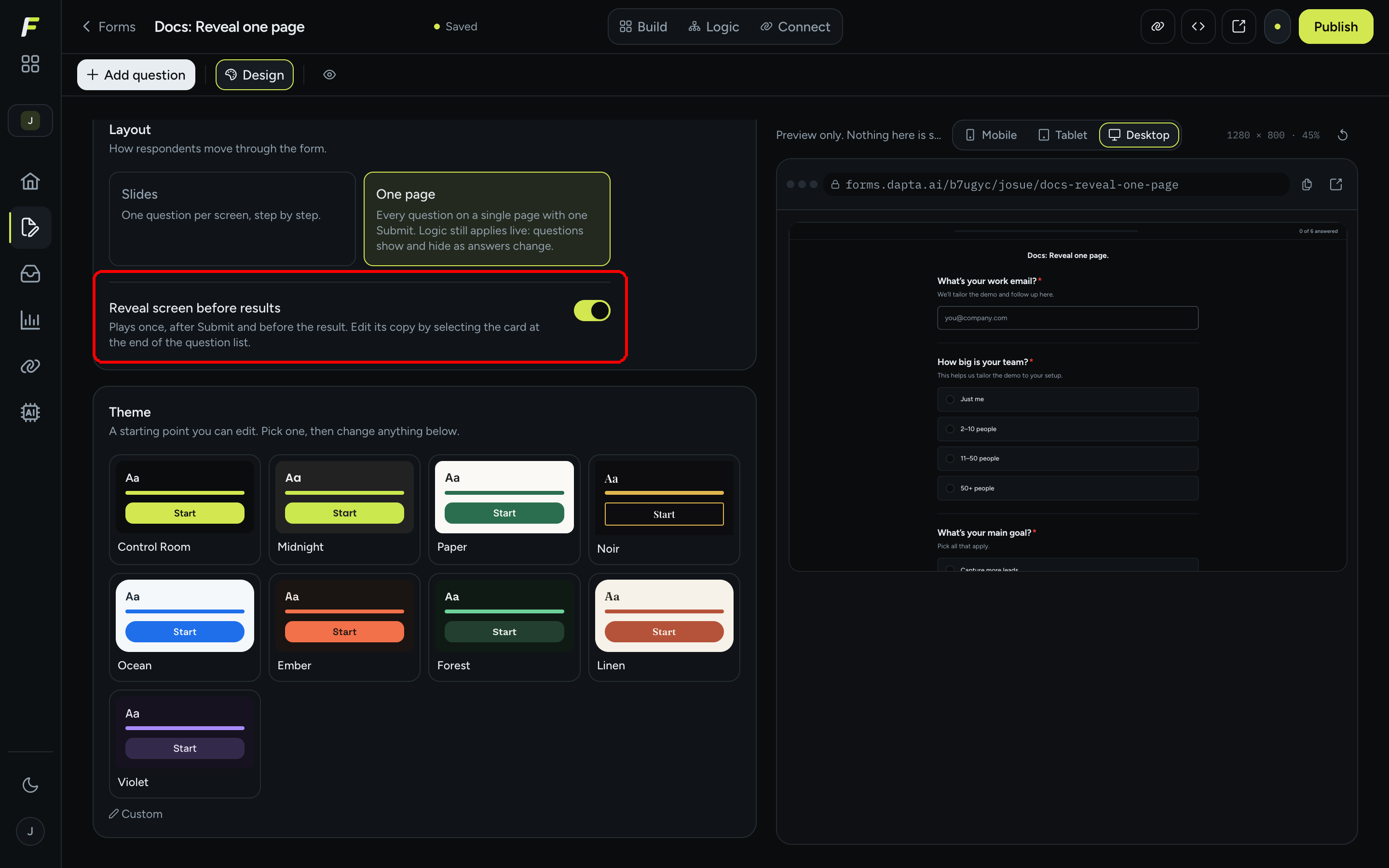 The Design panel Layout section with One page selected and the Reveal screen before results switch turned on