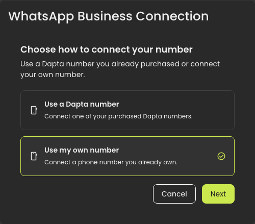 Choose how to connect your number, with Use my own number selected