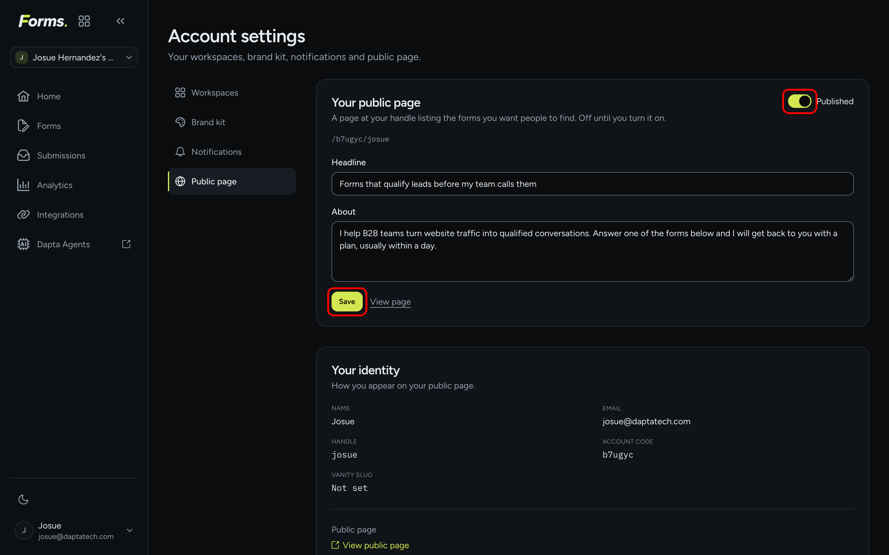 Account settings on the Public page tab with the Published switch and the Save button highlighted, and the Headline and About fields filled in
