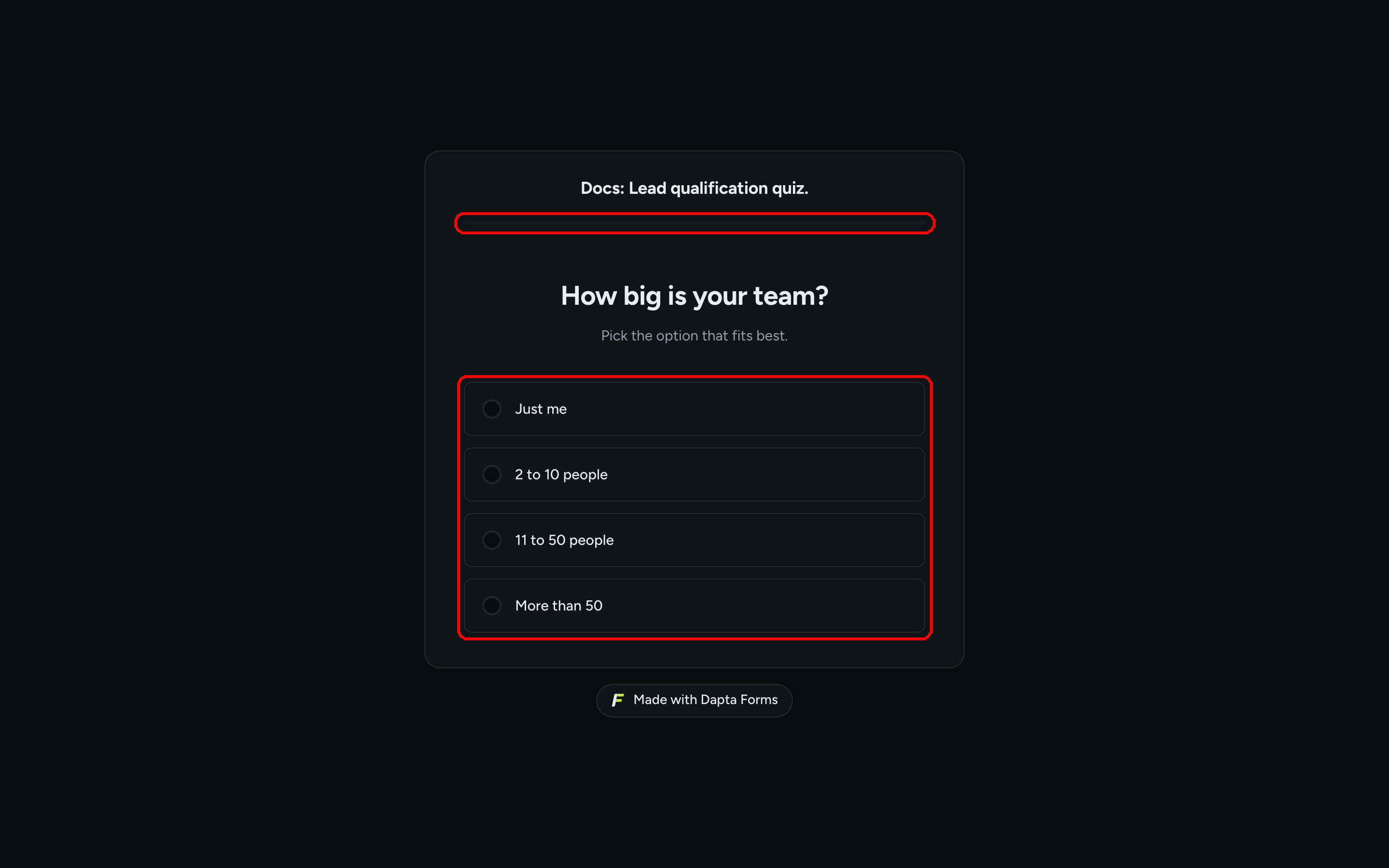 A published Slides form showing the form title, a progress bar and a single choice question with four options