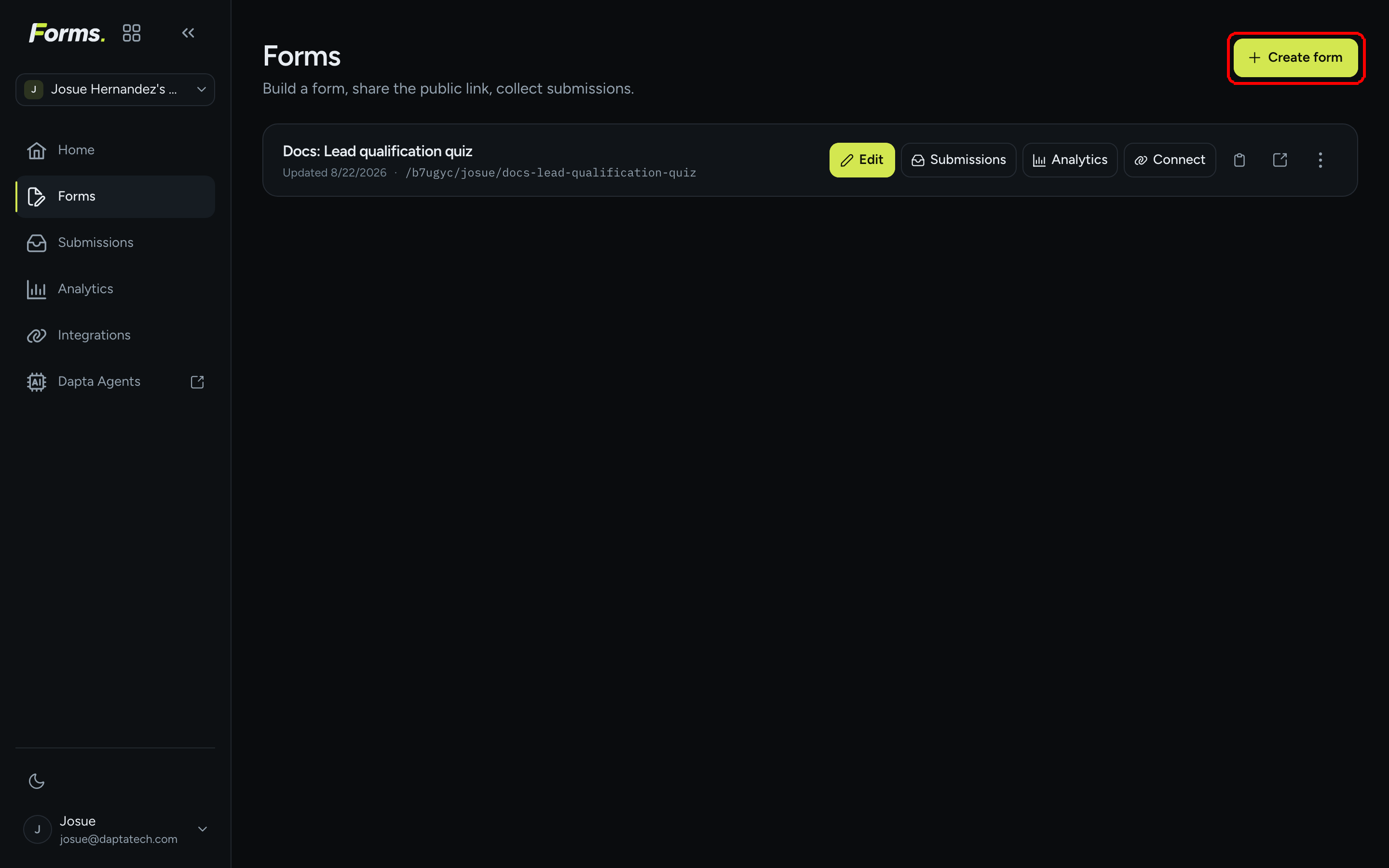 The Forms page with the Create form button highlighted in the top right corner
