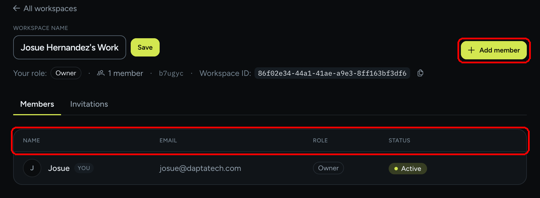 A workspace page on the Members tab, with the table header Name, Email, Role and Status highlighted and the Add member button highlighted in the top right