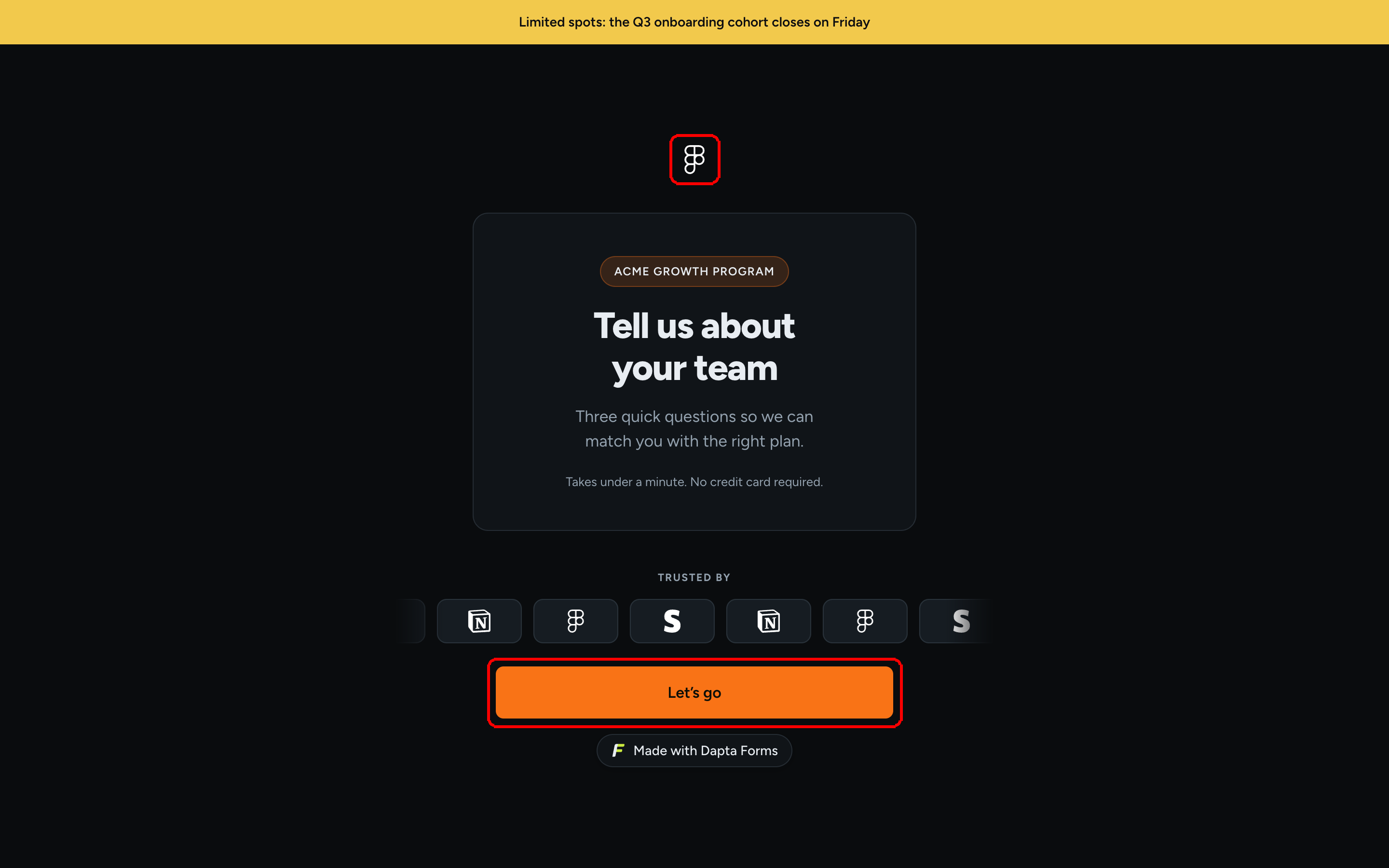 The published cover of the form after the kit was applied: the kit's logo at the top and an orange Start button in the kit's accent color