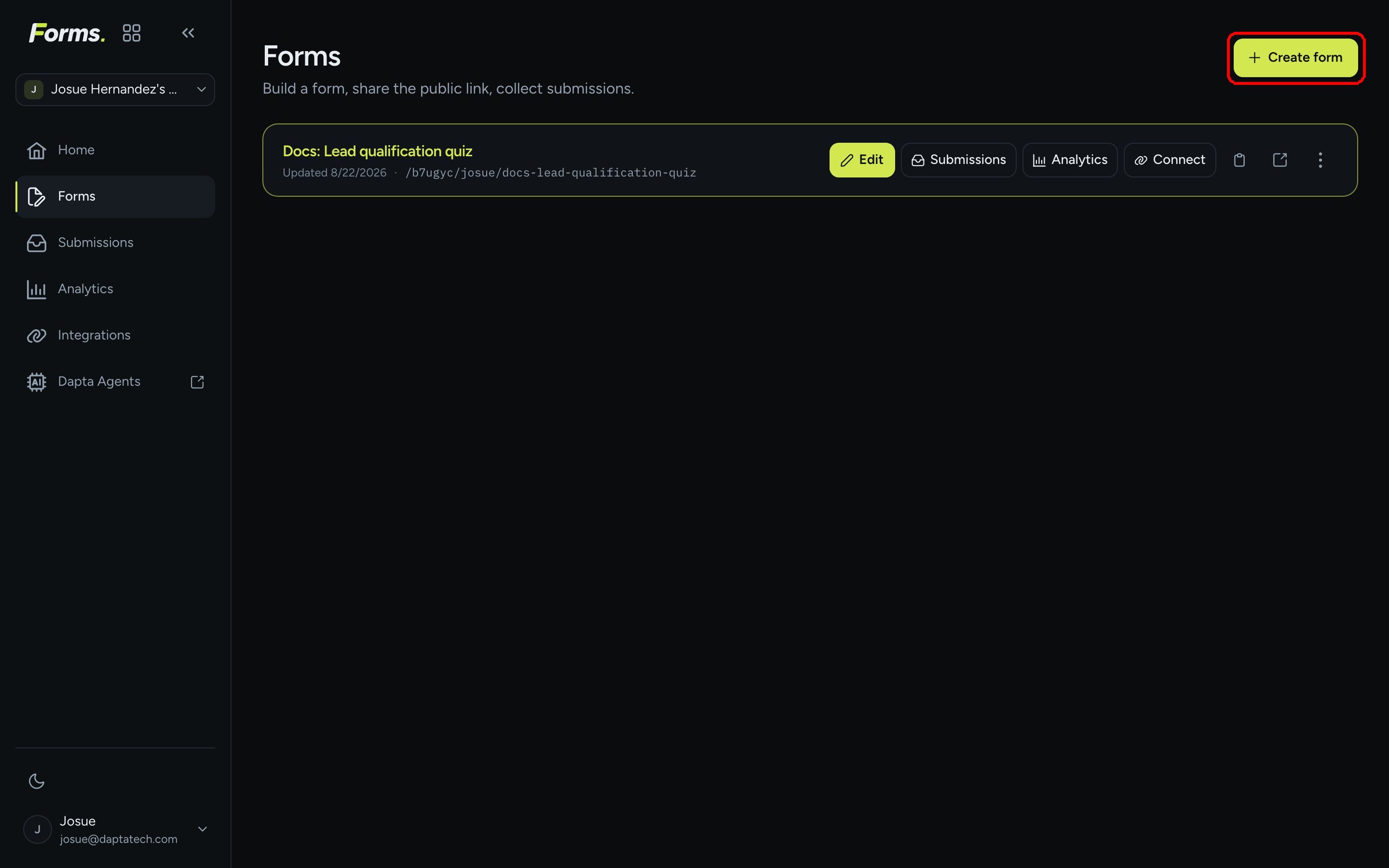 The Forms page with the Create form button highlighted