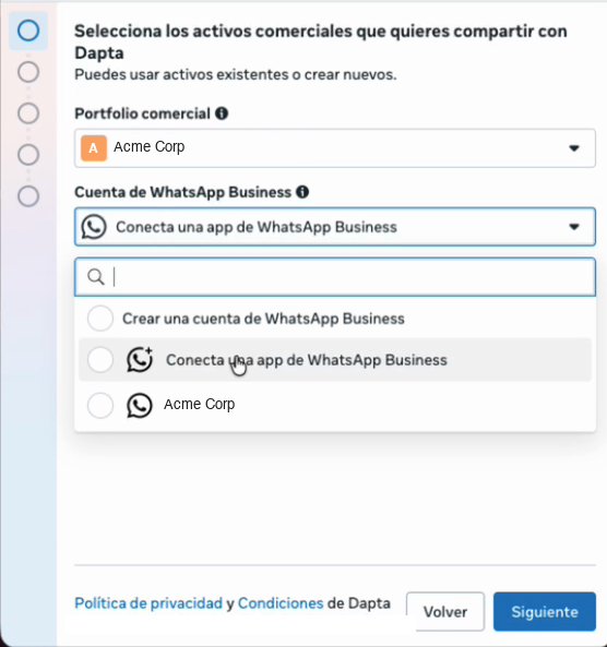 Meta's window: Business portfolio selected, and the WhatsApp Business account list open on Connect a WhatsApp Business app