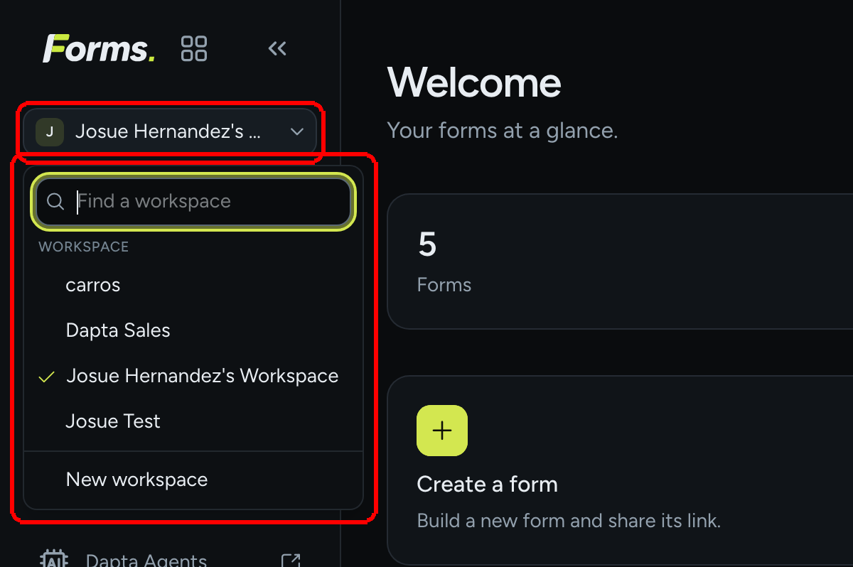 The workspace switcher open, showing the Find a workspace search box, a list of workspaces with the current one checked, and New workspace at the bottom