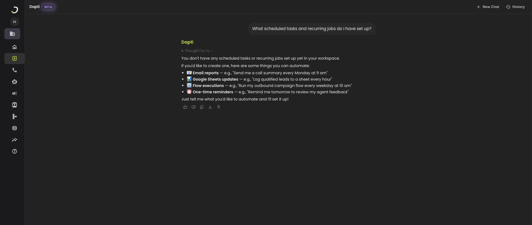 Dapti reporting that no scheduled tasks exist yet in the workspace, then suggesting four common automation patterns the user could set up: email reports, Google Sheets updates, flow executions, and one-time reminders