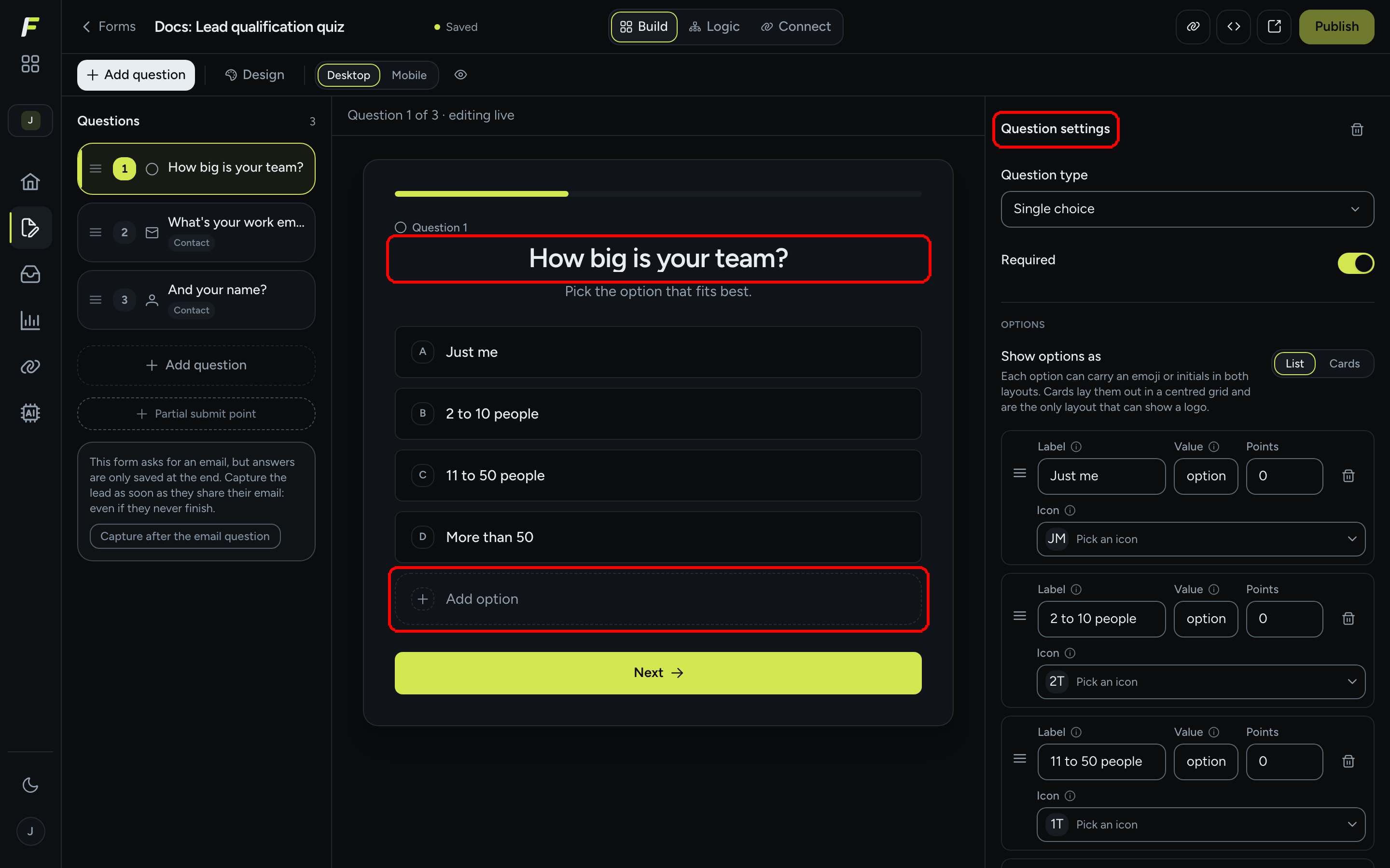 The form editor with the question list on the left, the live canvas in the center and the question settings on the right