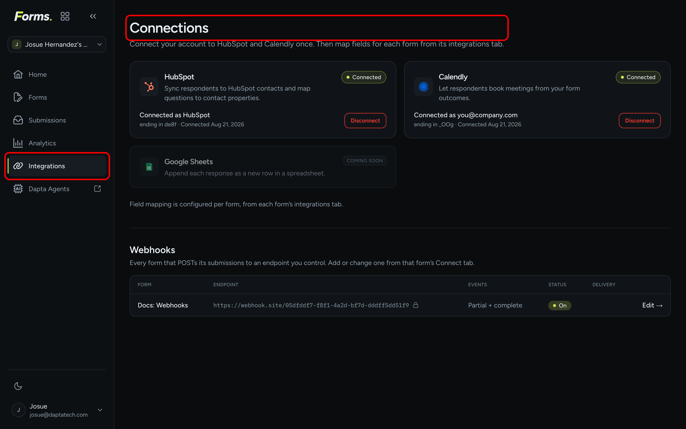The Connections page opened from the Integrations entry in the rail, with HubSpot and Calendly connected