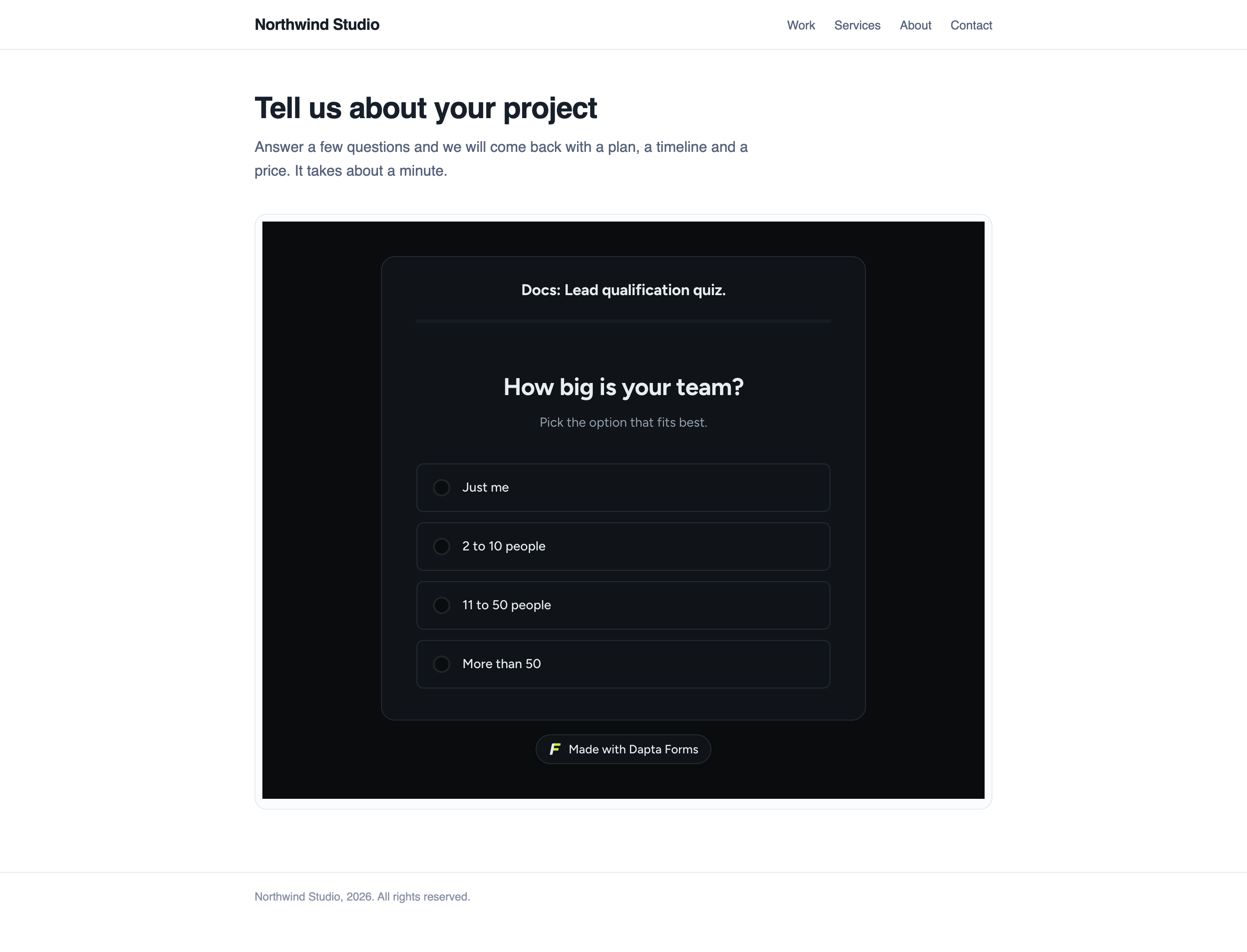 A simple website page with the Dapta Form running inside it below the page heading