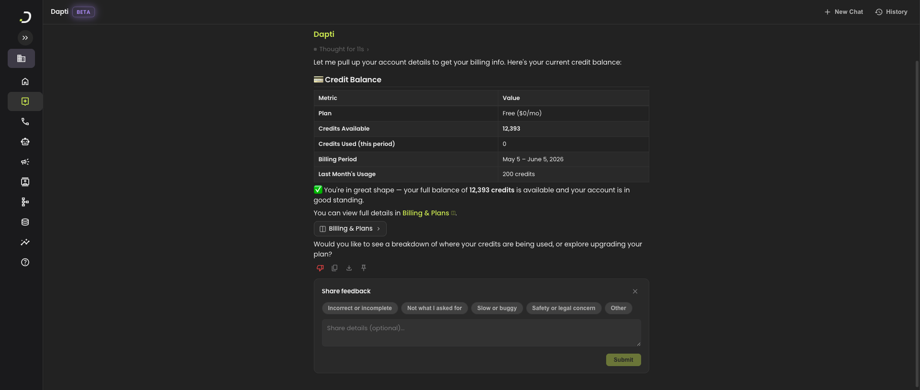 The Share feedback panel showing five reason chips (Incorrect or incomplete, Not what I asked for, Slow or buggy, Safety or legal concern, Other), an optional text area, and a Submit button