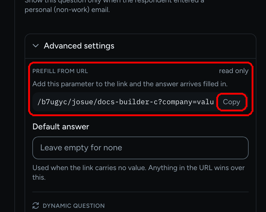 The Prefill from URL block under Advanced settings showing the public link with ?company=value and a Copy button