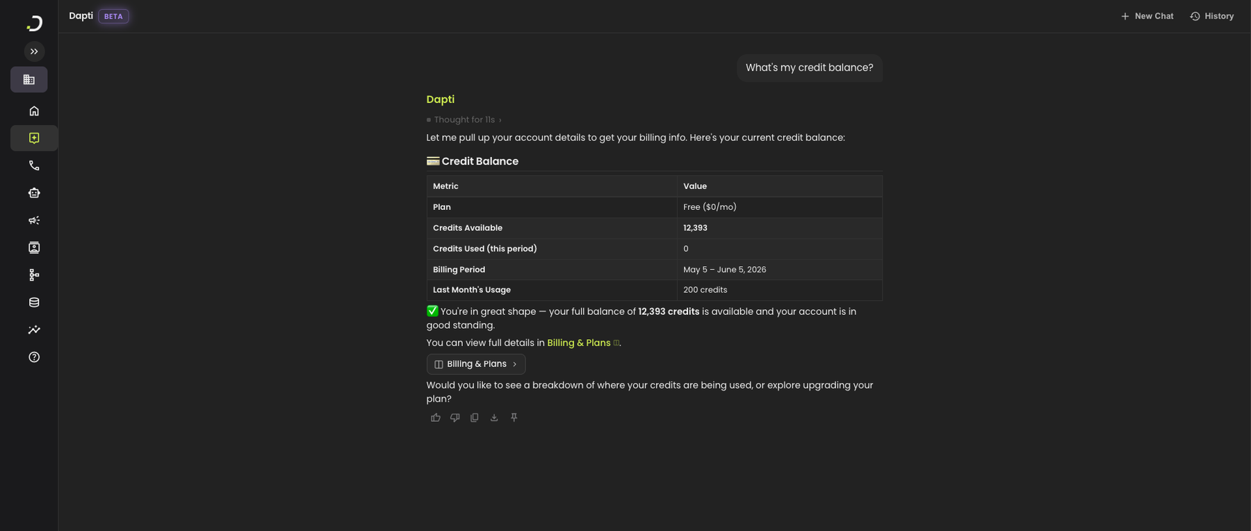 A complete Dapti response showing the collapsed thinking summary, an intro line, two formatted tables (credit balance and usage breakdown), summary text with bold highlights and inline links, an interactive button, and a row of message action icons