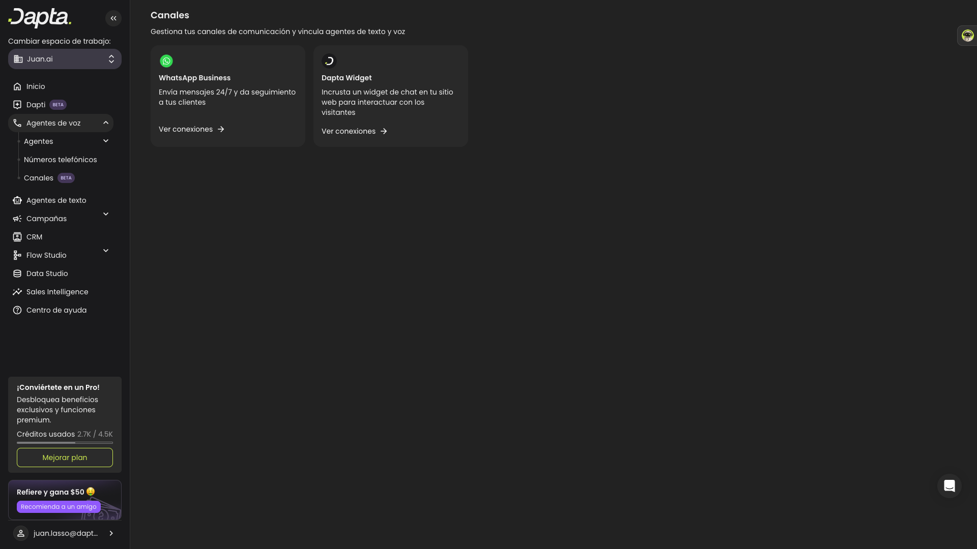 Left sidebar showing Voice Agents expanded with Channels sub-item