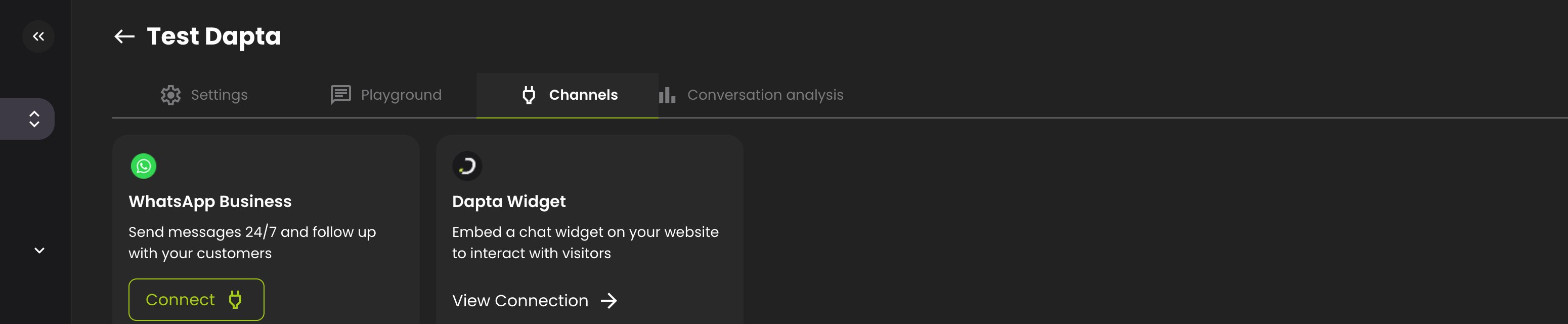 Channels tab showing WhatsApp Business and Dapta Widget cards