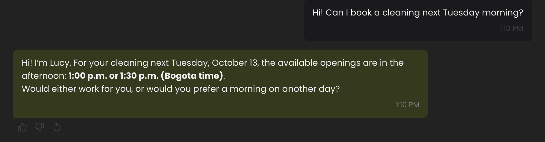 The agent offering open times for the day the customer asked about