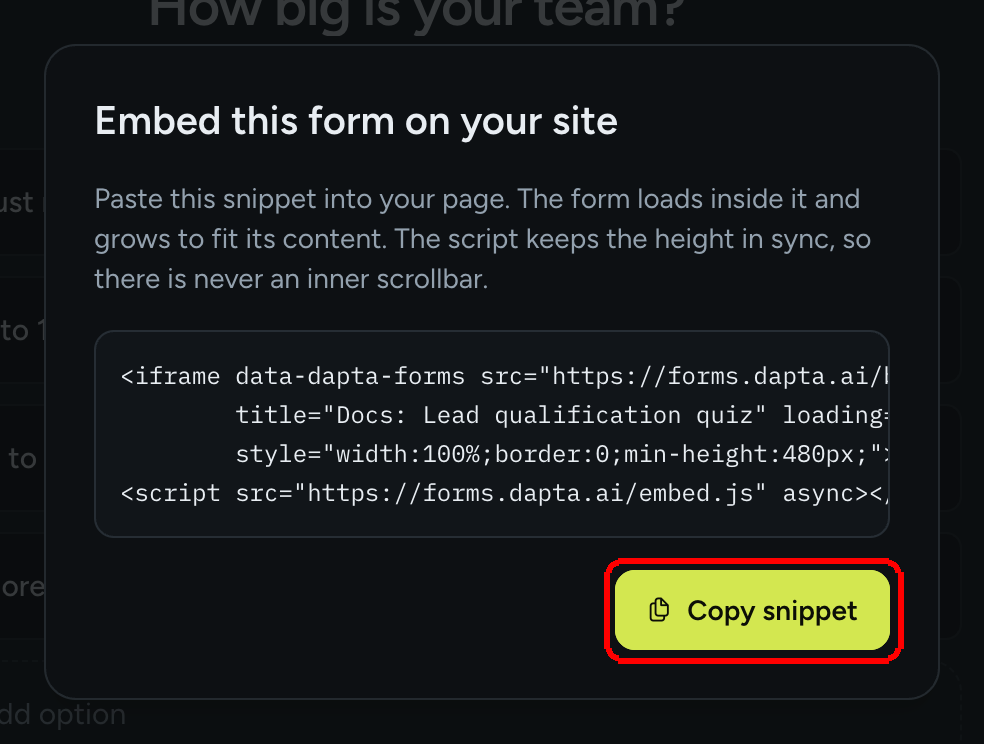 The Embed this form on your site dialog showing the iframe snippet and the Copy snippet button